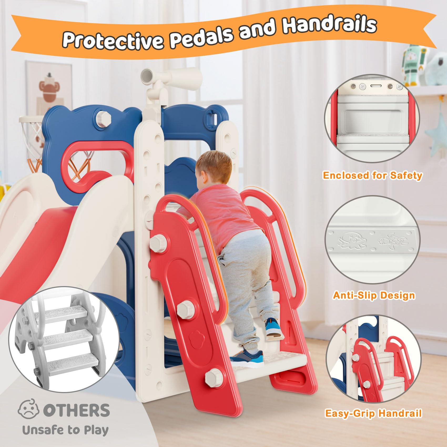 Babytronic 6-in-1 Toddler Slide Playset for Kids Ages 1-3 | Indoor & Outdoor Slide with Basketball Hoop & Telescope | Blue & Red Playground Toy for Backyard, Nursery & Daycare