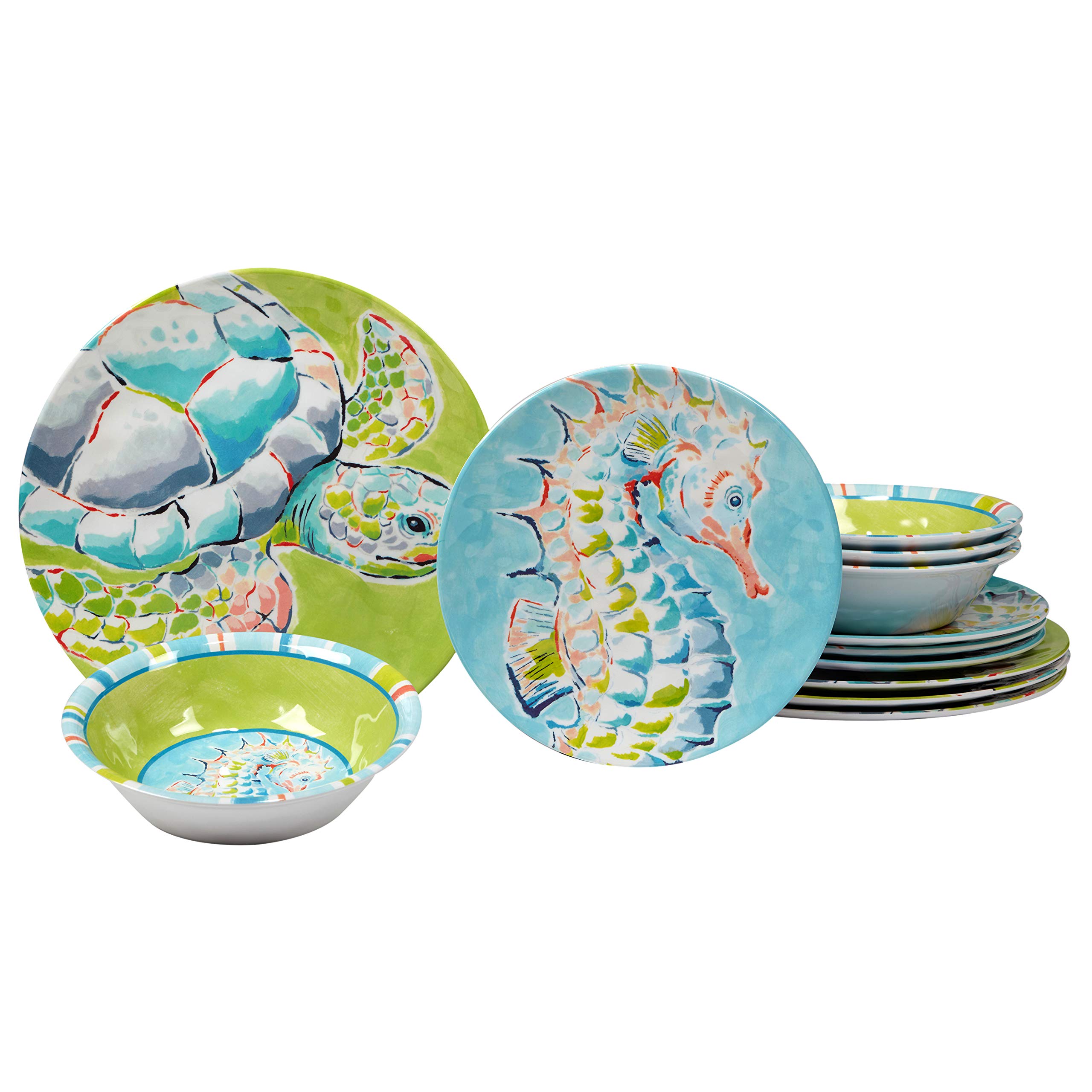 Certified International 12-Piece Melamine Dinnerware Set - Deep Sea Design, Service for 4, Durable & Shatterproof Plates & Bowls - Perfect for Outdoor Dining, Picnics, and Beach Parties