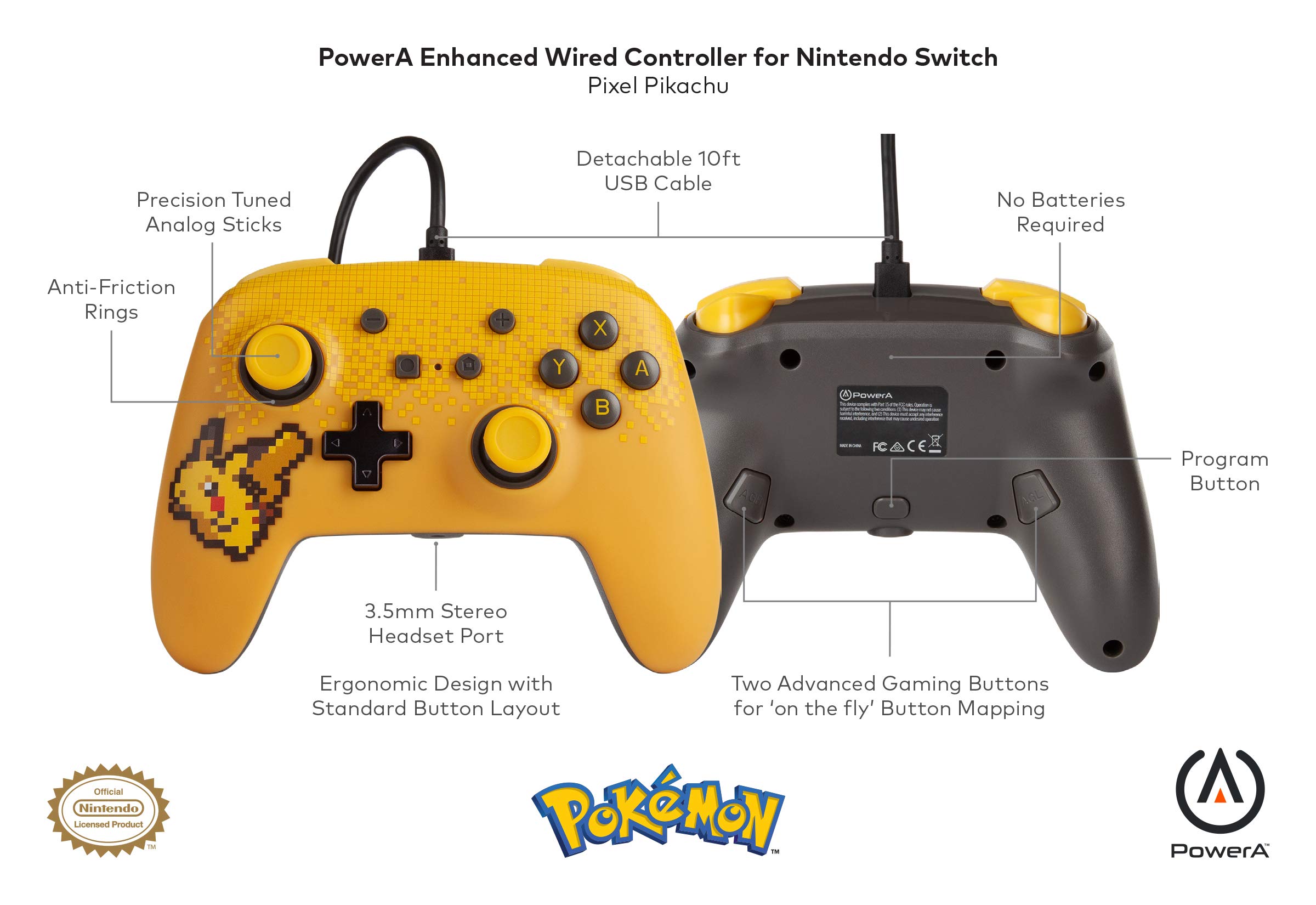 PowerA Pokemon Enhanced Wired Controller for Nintendo Switch - Pixel Pikachu Design, Ergonomic Gamepad with 10ft Cable, Wired Video Game Controller for Smash Bros, Mario Kart & Zelda - Perfect for Gaming Enthusiasts & Collectors