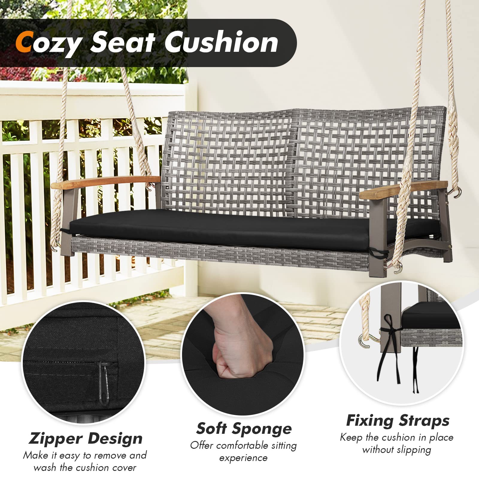 Happygrill 2-Person Outdoor Rattan Swing Chair with Acacia Wood Armrests - 118