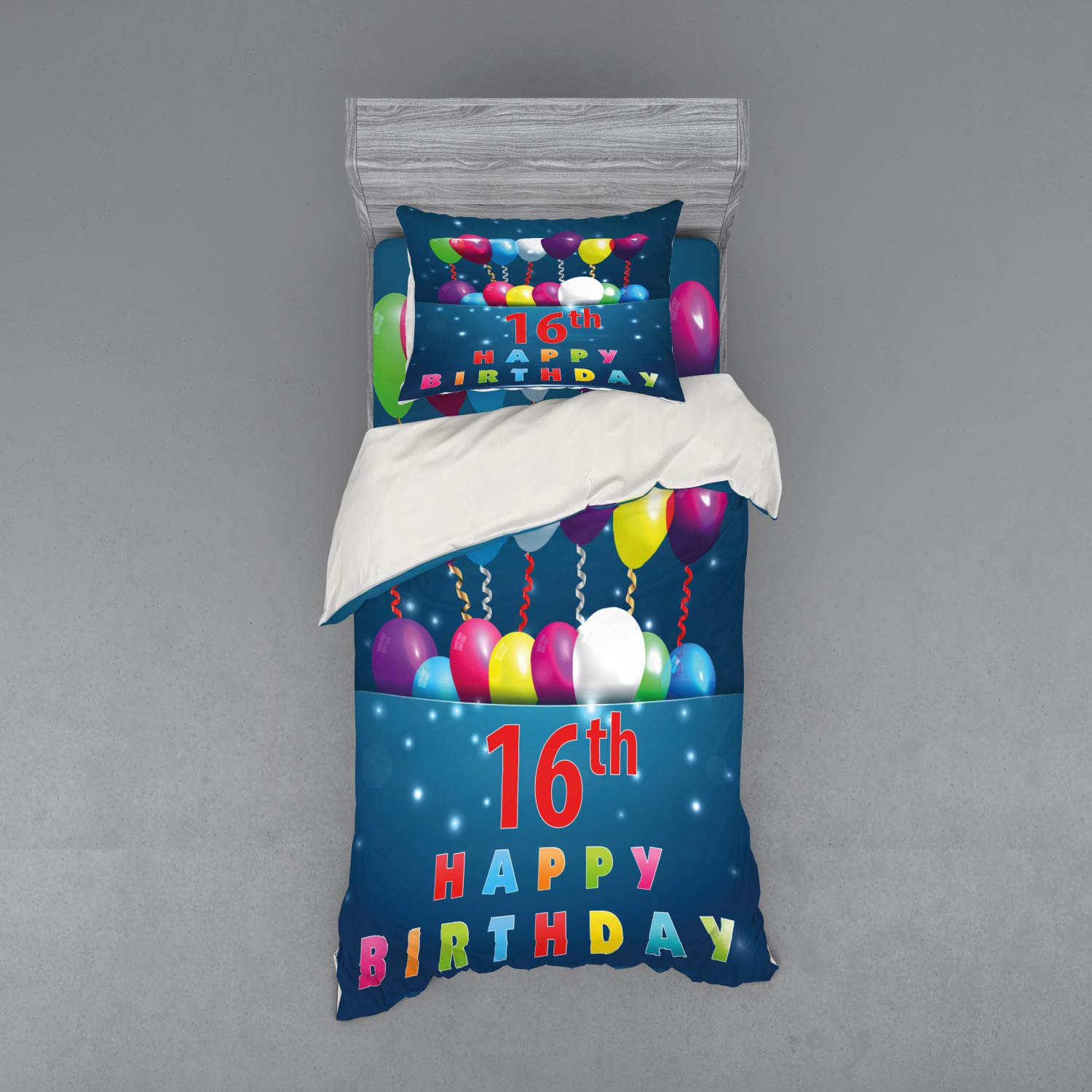 Ambesonne 16th Birthday Duvet Cover Set - 3 Piece Twin Size Bedding with Sham & Fitted Sheet - Colorful Balloon Celebration Design for Teen Room Decor & Sweet 16 Party Theme