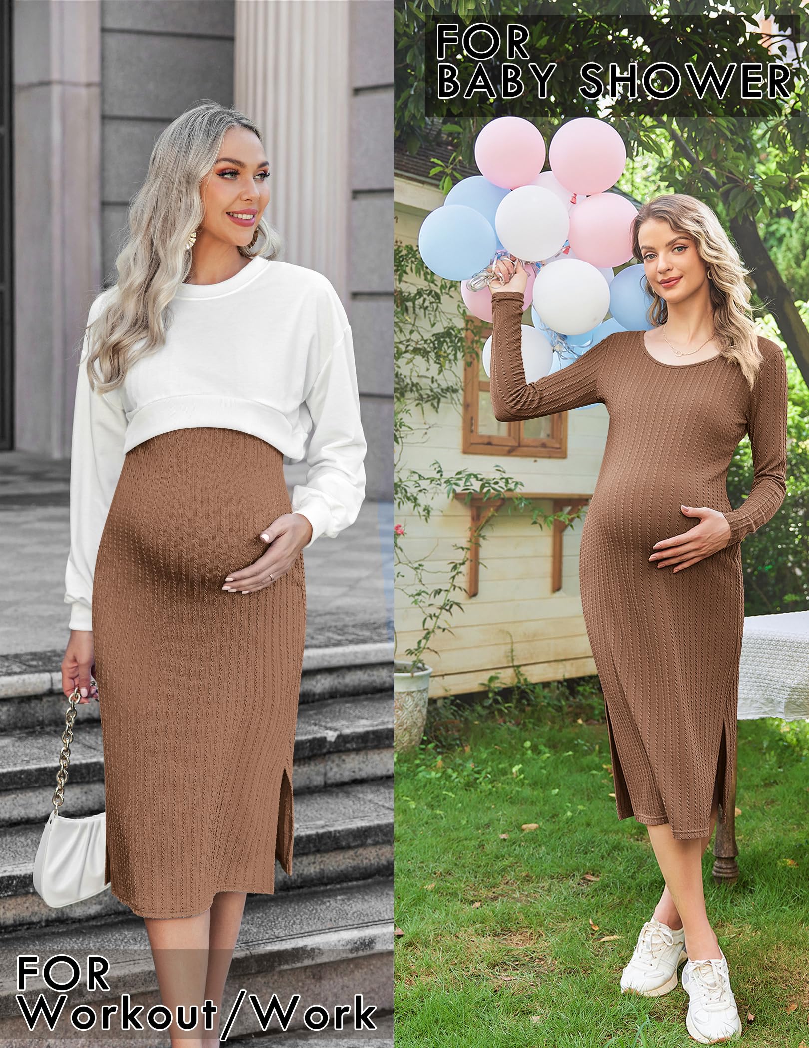 Ekouaer Maternity Dress - Soft Rib Knit Long Sleeve Bodycon Dress with Side Slit for Pregnancy & Baby Shower | Comfortable Nursing Clothes for Moms S-XXL | Perfect for Pregnancy Photos, Baby Showers & Everyday Wear