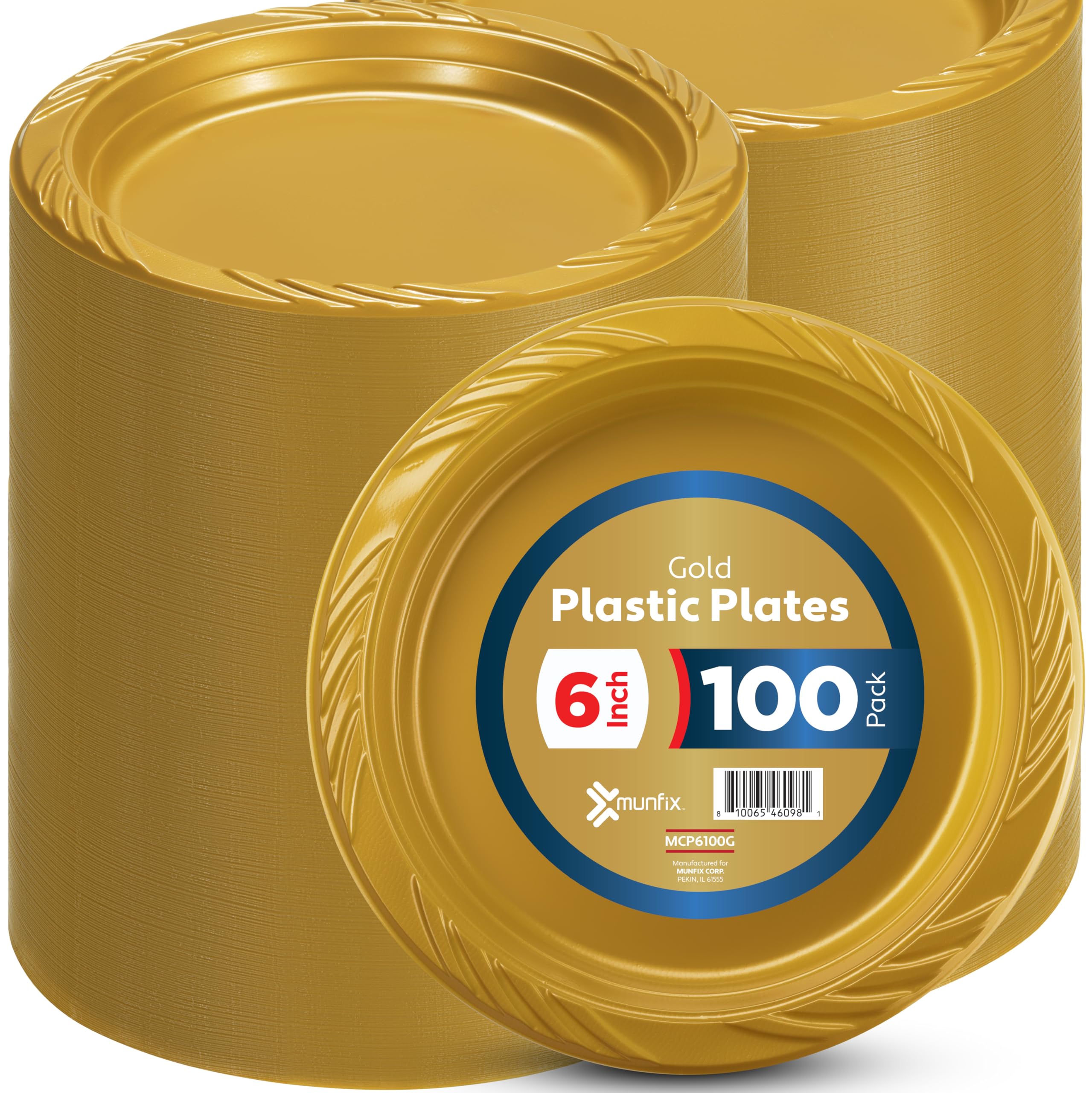 Munfix 6 Inch Gold Plastic Plates - 100 Pack Disposable Party Plates for Desserts, Appetizers, BBQ, Events & Travel | Microwave Safe & Eco-Friendly | Perfect for Birthday Parties, Weddings, Picnics & Office Gatherings