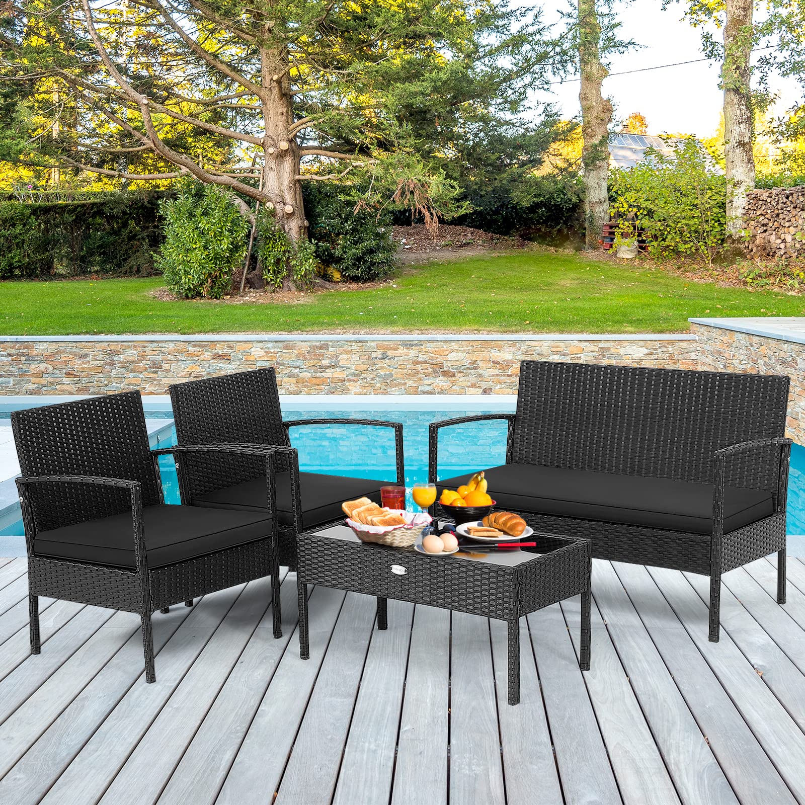 Tangkula 4-Piece Outdoor Patio Furniture Set - Rattan Wicker Sofa with Glass Coffee Table, Sturdy Steel Frame & Ergonomic Seating for Garden, Backyard, Balcony, Poolside - Perfect for Relaxing & Entertaining Outdoors