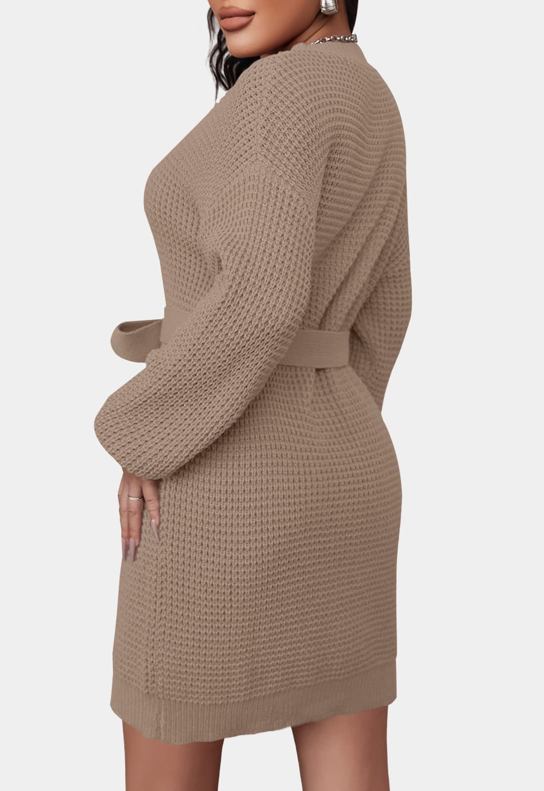 ZESICA Women's Long Sleeve Waffle Knit Tie Waist Tunic Sweater Dress - Fall Winter Pullover for Casual Outings, Office Wear & Holiday Outfits