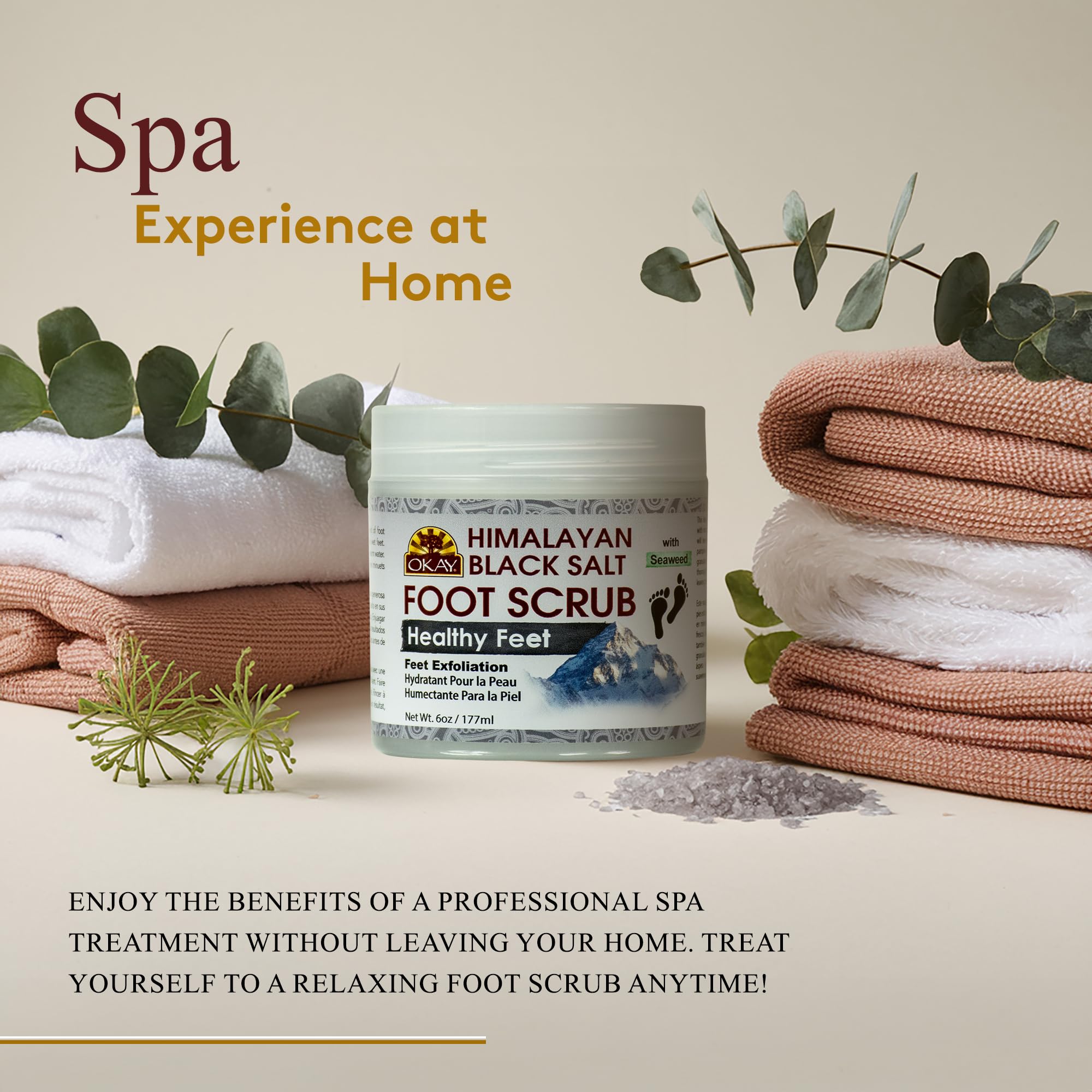 OKAY Pure Naturals Black Salt Foot Scrub 6oz - Exfoliating & Moisturizing Dead Skin Remover for Soft Feet - Perfect for Pedicures, Cracked Heels & At-Home Spa Treatments