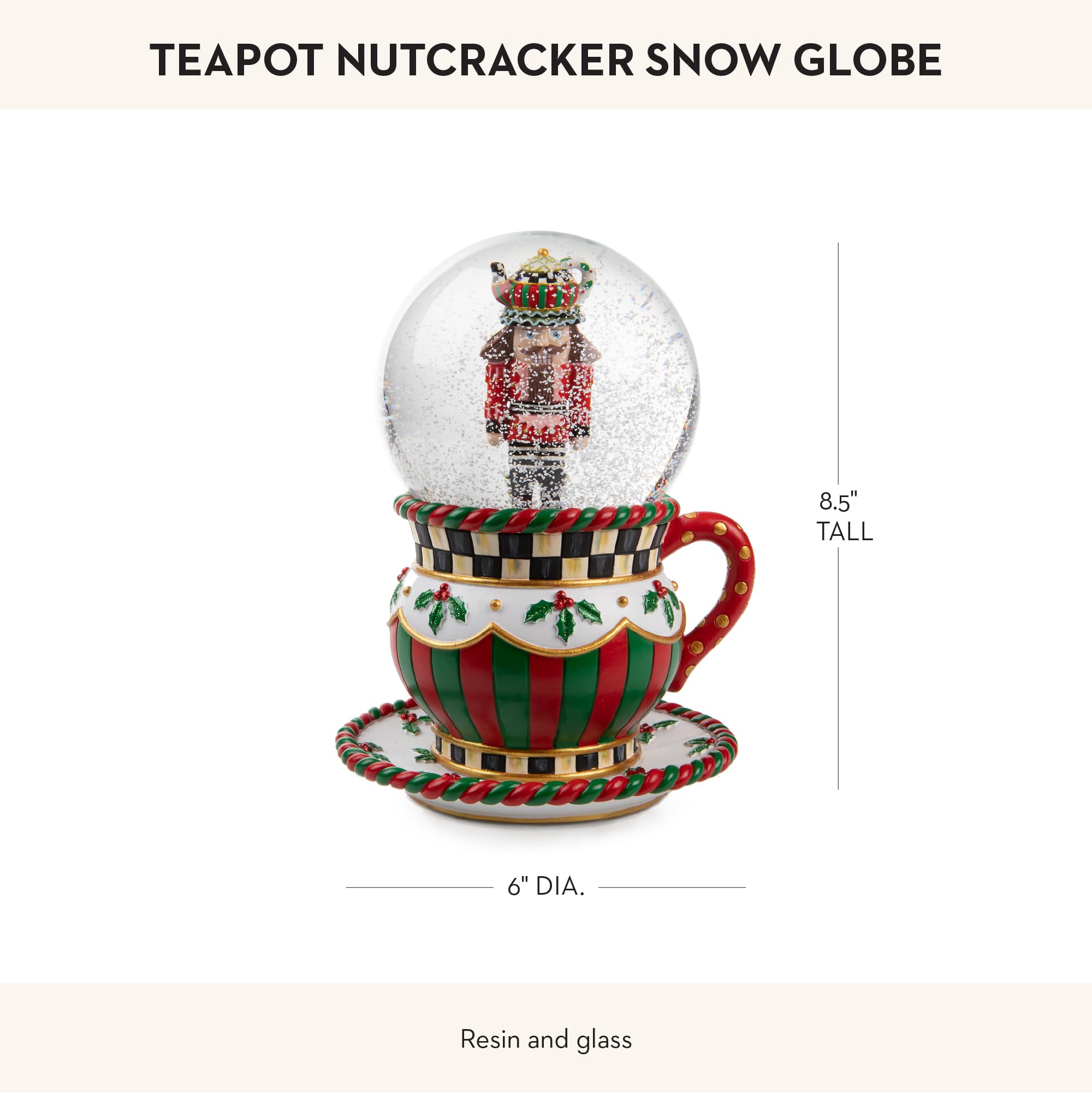 MacKenzie-Childs Snow Globe - Christmas Teapot Nutcracker Ornament for Holiday & Winter Home Decor - Perfect for Living Room, Mantel, and Gift Giving