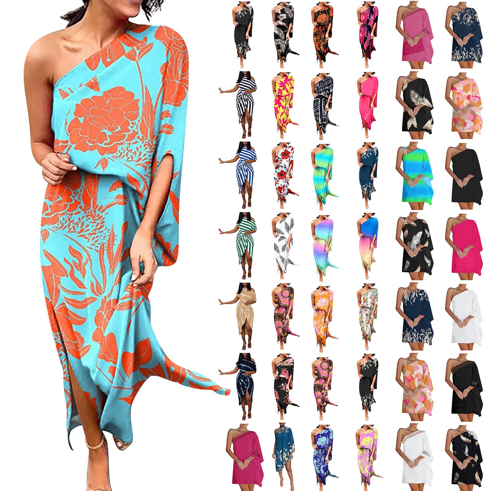 One Shoulder Dresses for Women 2024 - Spring Summer Casual Batwing Sleeve Cocktail Dress with Vintage Graphic Print - Perfect for Parties, Date Nights & Special Occasions