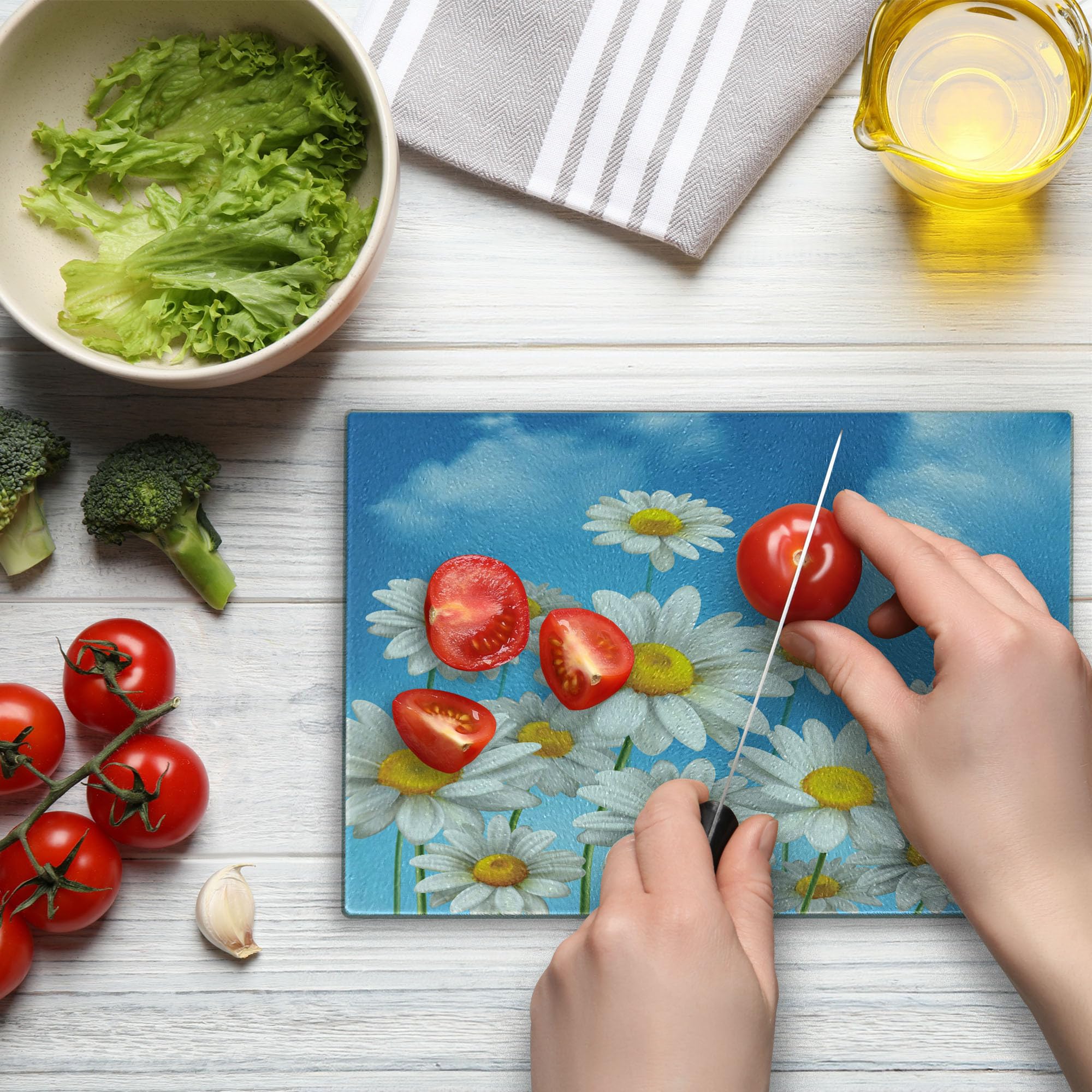 Lunarable Daisy Cutting Board - Blue Sunny Day Summer Sky Meadow Botanical Petals Design - Tempered Glass Decorative Serving & Cutting Board - Small Size Sky Blue Mustard - Perfect for Cheese Platters, Charcuterie & Kitchen Decor