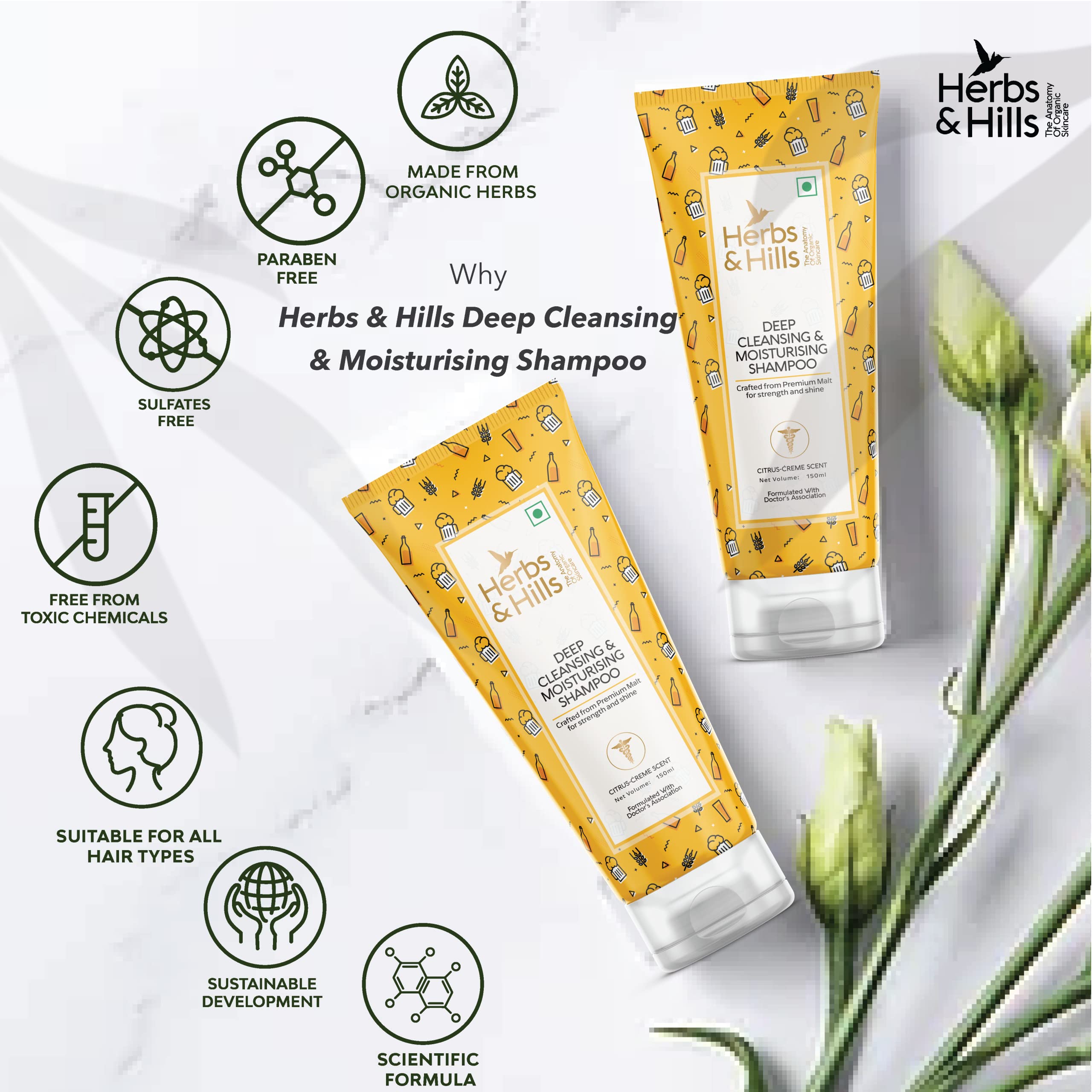 Herbs & Hills Deep Cleansing & Moisturizing Shampoo for Hair Growth & Damage Repair - 150ml Natural Premium Shampoo for Smooth & Shiny Hair | Daily Use, Salon Results at Home, Perfect for Dry & Damaged Hair Care