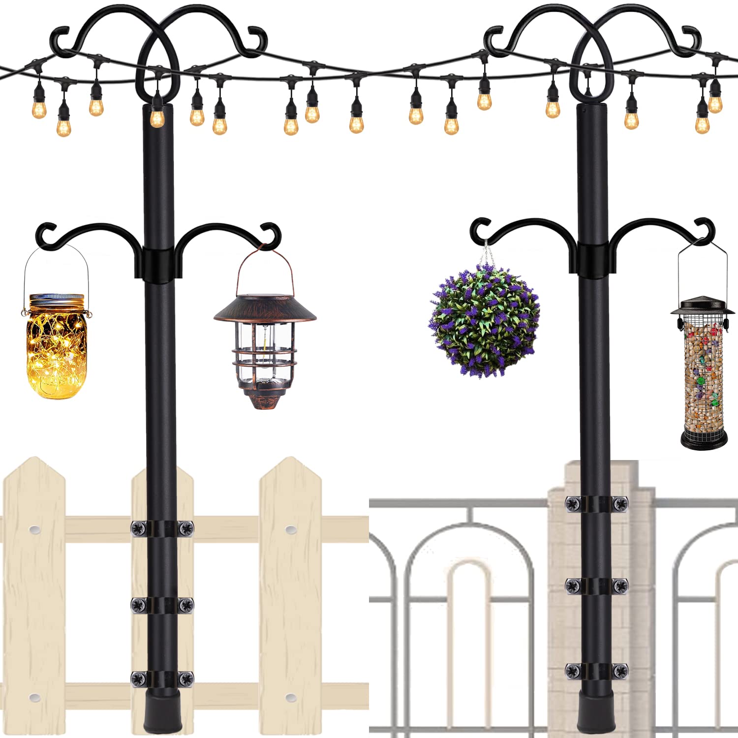 2 Pack Adjustable 110IN Metal String Light Poles with Hooks - Black Garden & Patio Lighting Stand for Outdoor Parties, Weddings, Backyard Decor - Perfect for Hanging Fairy Lights & Creating Ambiance