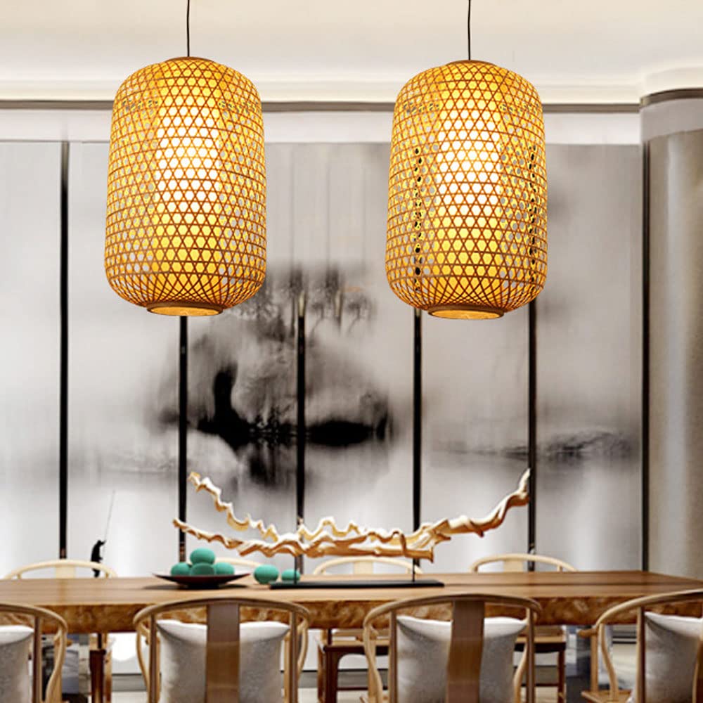 Handmade Wicker Pendant Light - Modern Natural Wooden Hanging Lamp with Bamboo Woven Shade, E27 Socket for Kitchen Island, Dining Room & Living Room Decor | Boho Chic Ceiling Lighting for Home & Cafe