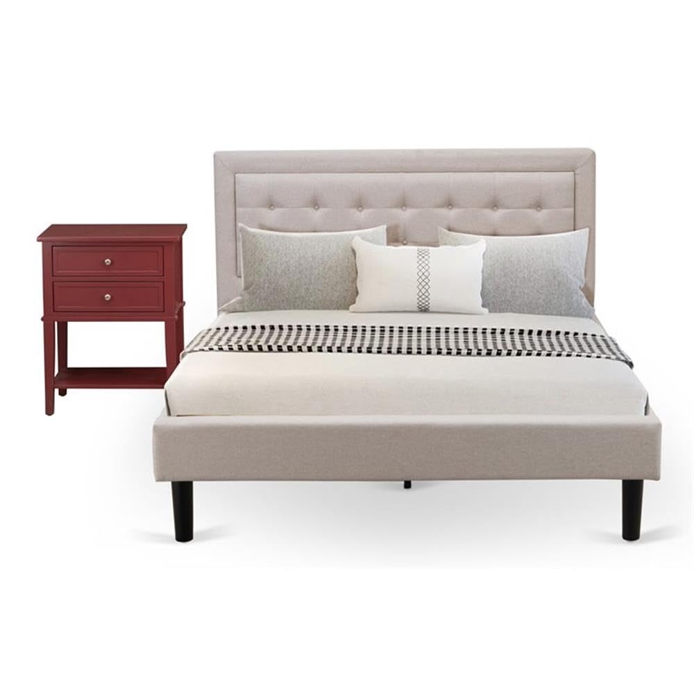 East West Furniture FN08Q-1VL13 2-Piece Queen Bed Set with Wood Frame & Nightstand - Durable Beige Linen Fabric - Perfect for Master Bedrooms, Guest Rooms & Cozy Home Decor