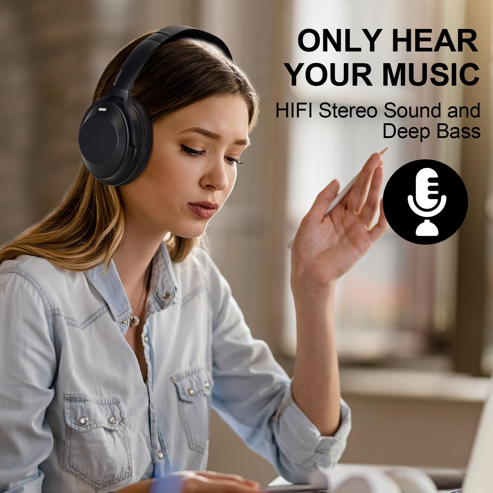 RORSOU A6 Hybrid Active Noise Cancelling Wireless Bluetooth Headphones with Mic, Transparent Mode & HiFi Stereo Sound - Over Ear Headset with Memory Foam Ear Cups, Low Latency for Gaming & Travel (Black) - Perfect for Commuting, Office Work & Music Lovers