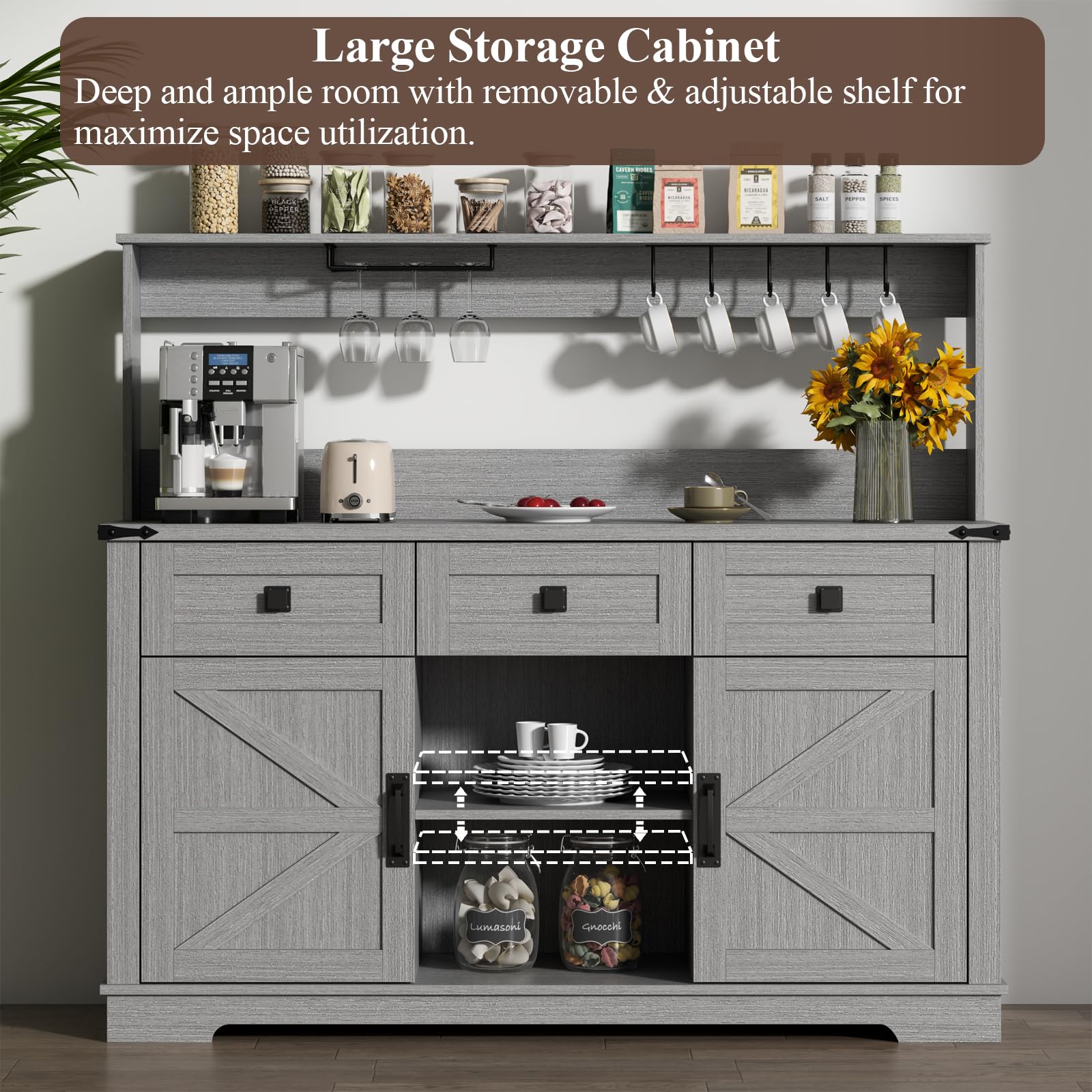 Farmhouse Bar Cabinet with Hutch - Kitchen Buffet Storage Cabinet with 3 Sliding Drawers, Adjustable Shelves & Goblet Holder - Grey - Perfect for Living Room, Dining Room, Home Bar & Entertaining