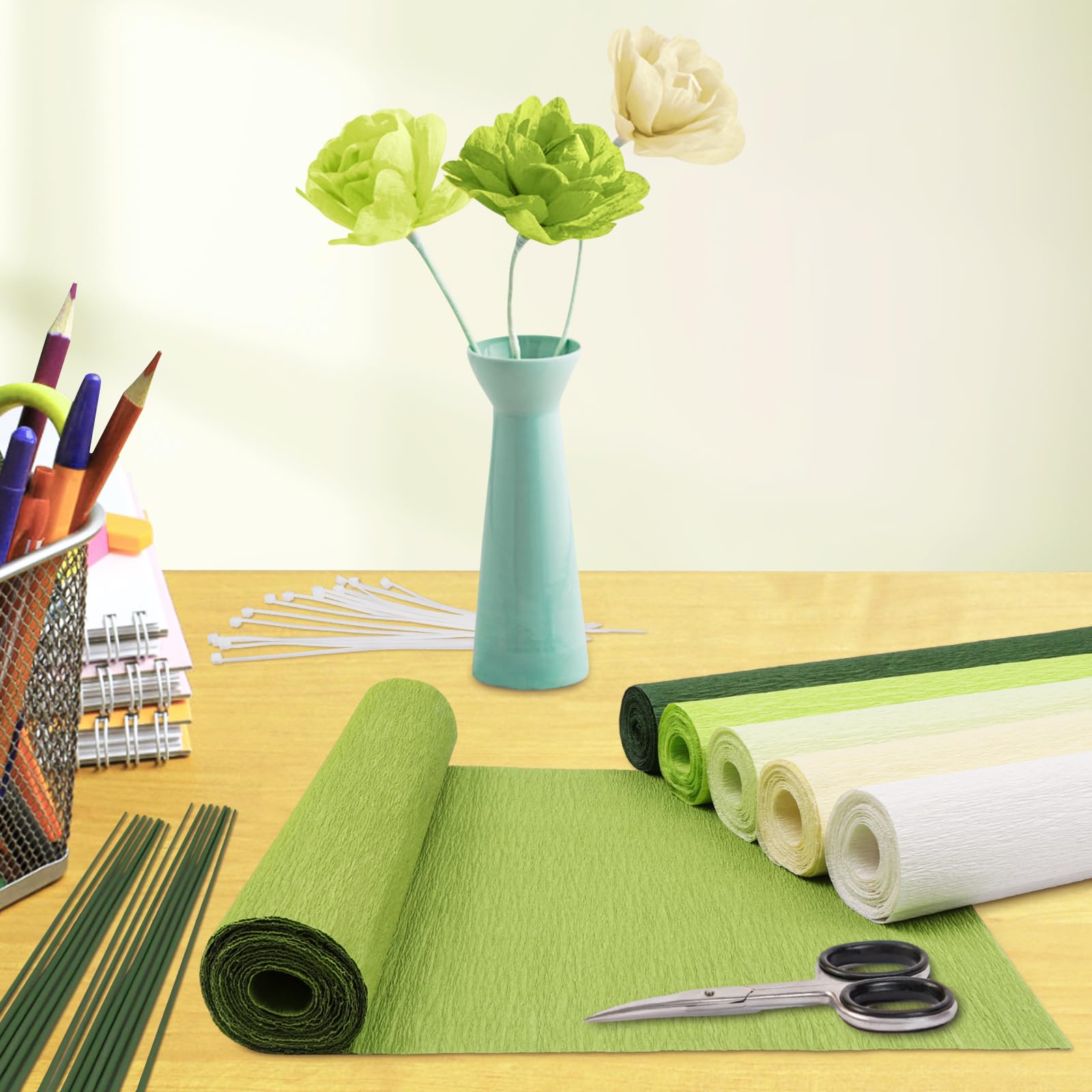 42-Piece Crepe Paper Flowers Kit - Green Floral Streamers with Floral Tape & Iron Wire for DIY Crafts, Wedding Decorations, Party Supplies | Perfect for Home Decor, Baby Showers & Festival Celebrations
