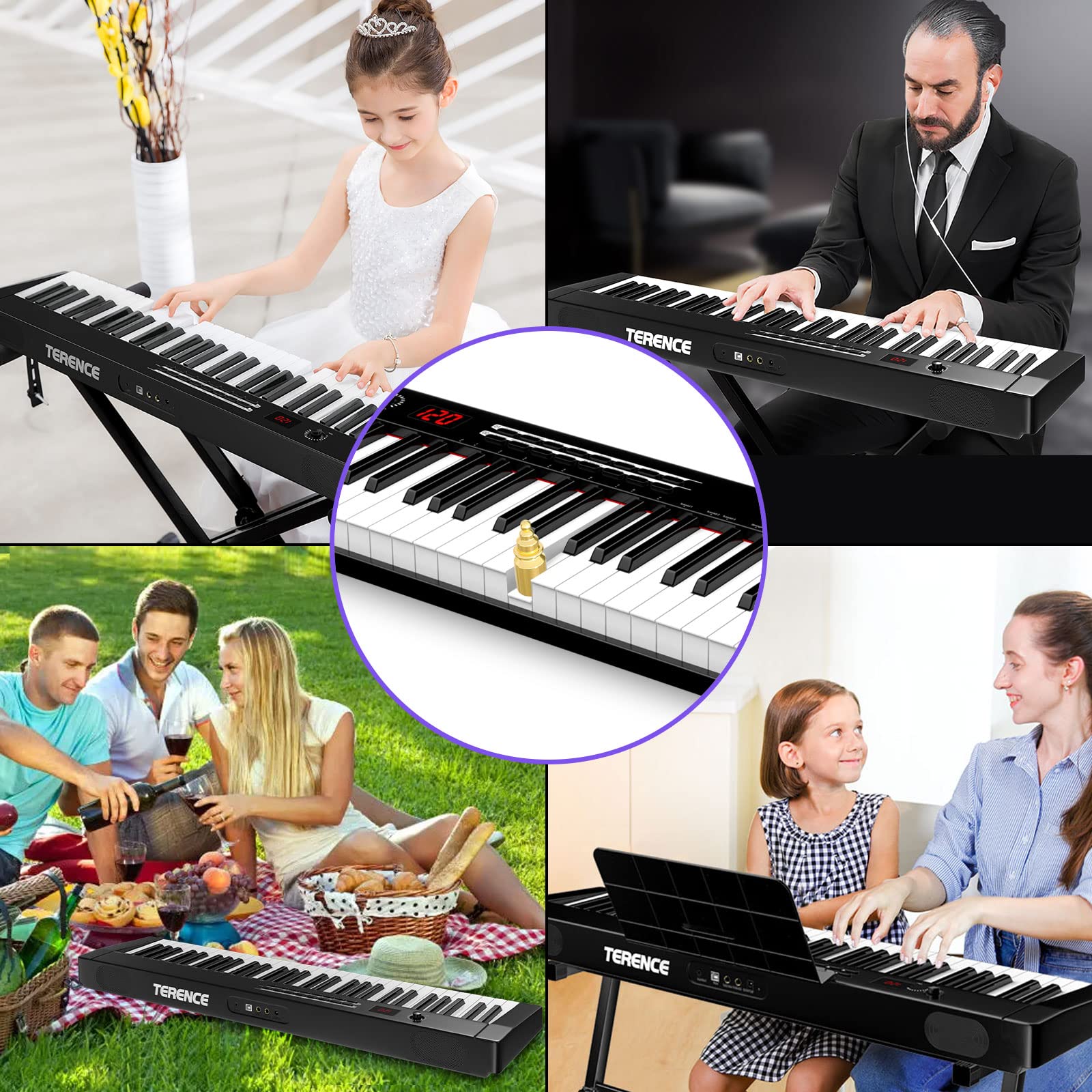 TERENCE 61-Key Digital Piano Keyboard with Semi-Weighted Keys, LCD Display, Stand & Accessories - Portable Electronic Piano for Beginners, Home Practice & Music Lessons (Includes Power Supply, Music Stand & Headphones) - Perfect for Living Room, Bedroom & Small Spaces