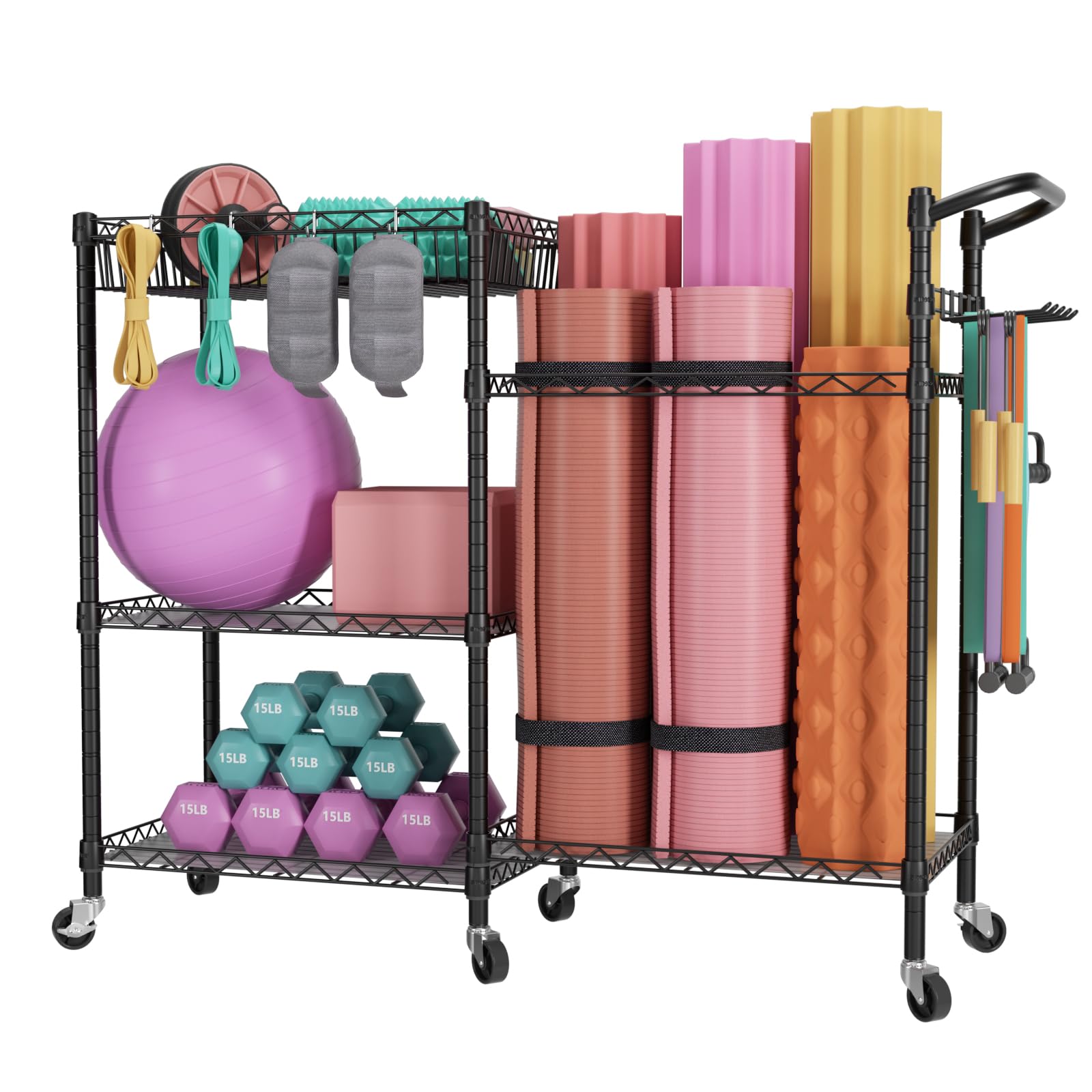 SINGAYE Dumbbell Rack Stand with Yoga Mat Storage - Heavy Duty Gym Equipment Organizer Cart with Hooks & Wheels for Home Gym, Workout Room & Fitness Studio - Black (Perfect for Dumbbell Storage & Yoga Mat Organization)