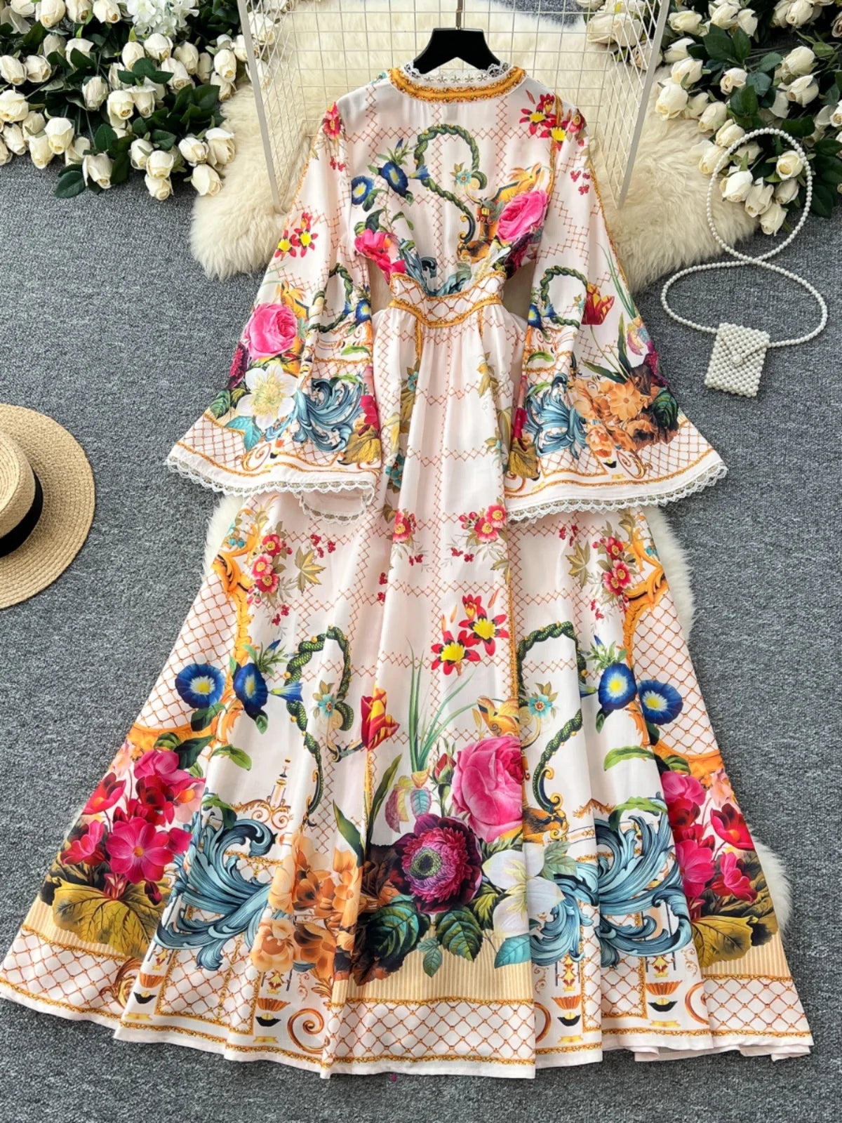 Elegant Floral Long Maxi Dress for Women - Lantern Sleeve, Single Breasted Lace Neckline, National Trench Print - Perfect for Parties, Weddings & Special Occasions