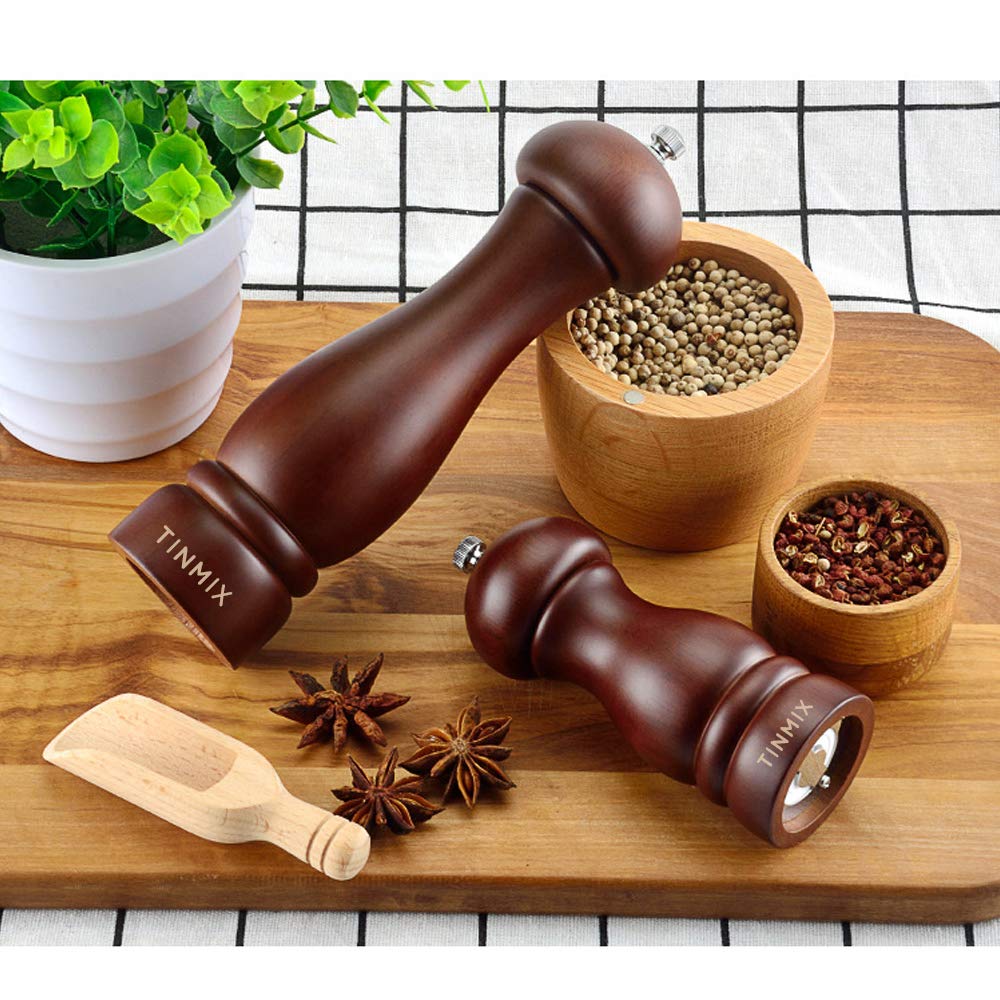 Premium Adjustable Wooden Pepper Grinder & Salt Mill - 5 Inch Oak Wood Spice Grinder with Ceramic Rotor, Refillable Design for Freshly Ground Pepper & Sea Salt - Perfect for Kitchen, Dining Table & Gourmet Cooking