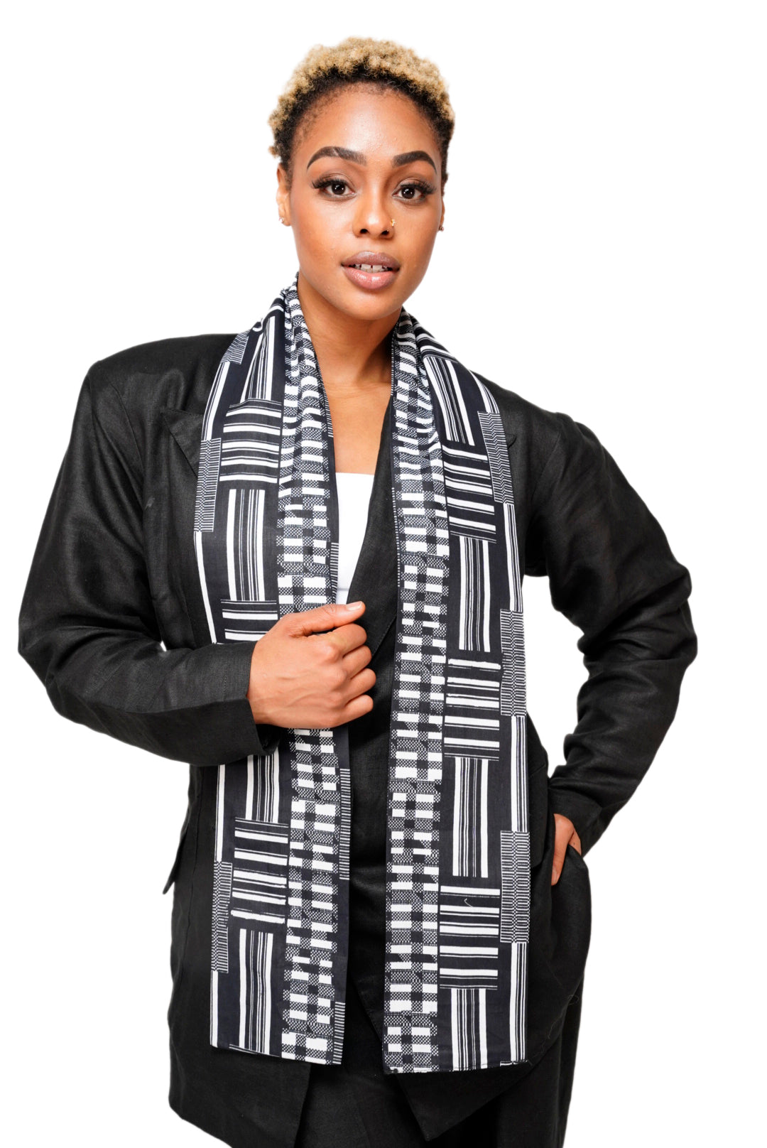 Authentic Black and White Kente African Print Stole Sash - Handwoven Ghanaian Scarf for Weddings, Graduations & Cultural Events