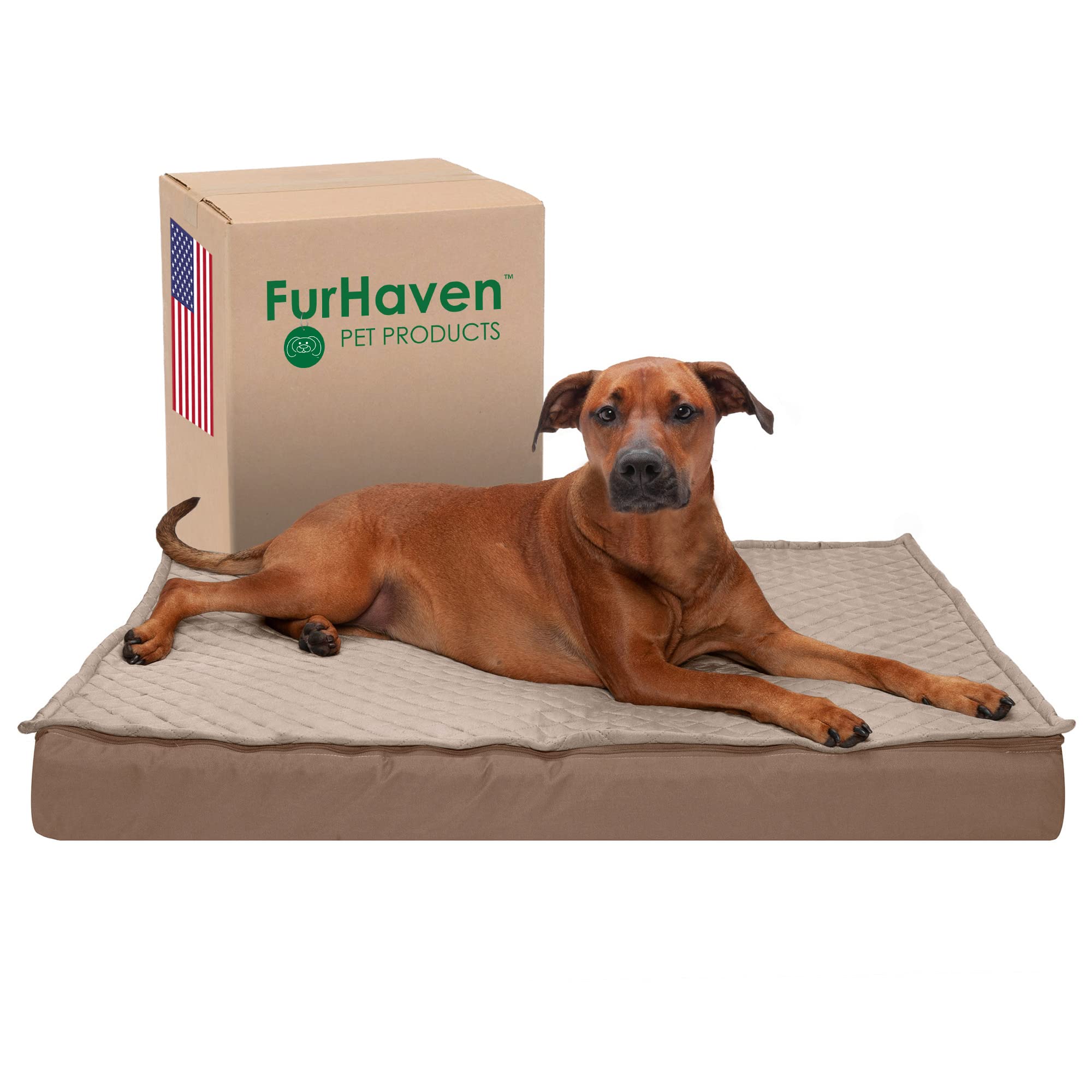 Furhaven Waterproof Memory Foam Dog Bed for Large Dogs - Washable Cover, Indoor/Outdoor Use - Sand Color, Jumbo XL Size