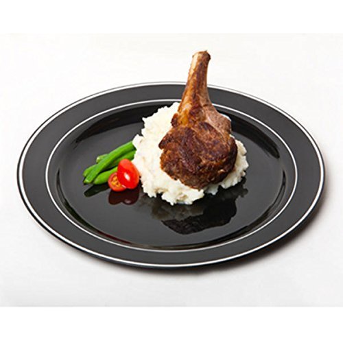 Glimmerware 9 Inch Black Plastic Plates with Silver Band - Set of 120 - Elegant Disposable Dinnerware for Parties, Weddings & Buffet Serving
