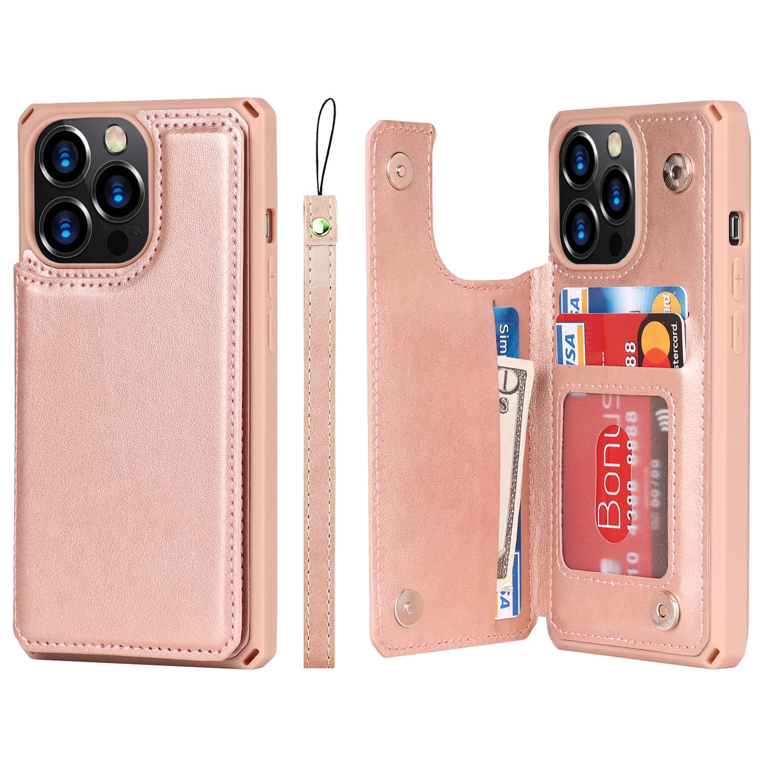 Premium Leather iPhone 12 Case with Card Holder & Stand - Shockproof Wallet Phone Cover for iPhone 12/12 Pro (Rose Gold) - Perfect for Work, Travel & Everyday Protection
