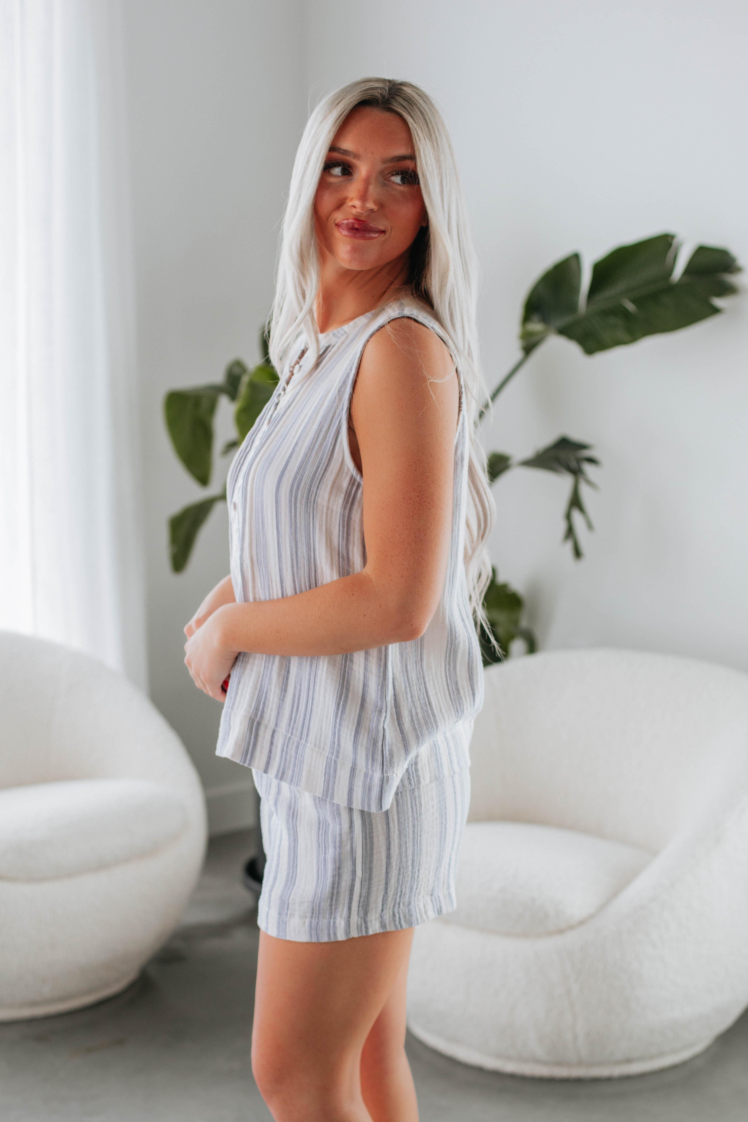 Dionne Striped Tank Top for Women - Slate Blue Casual Sleeveless Shirt | Perfect for Summer Outfits, Beachwear & Layering