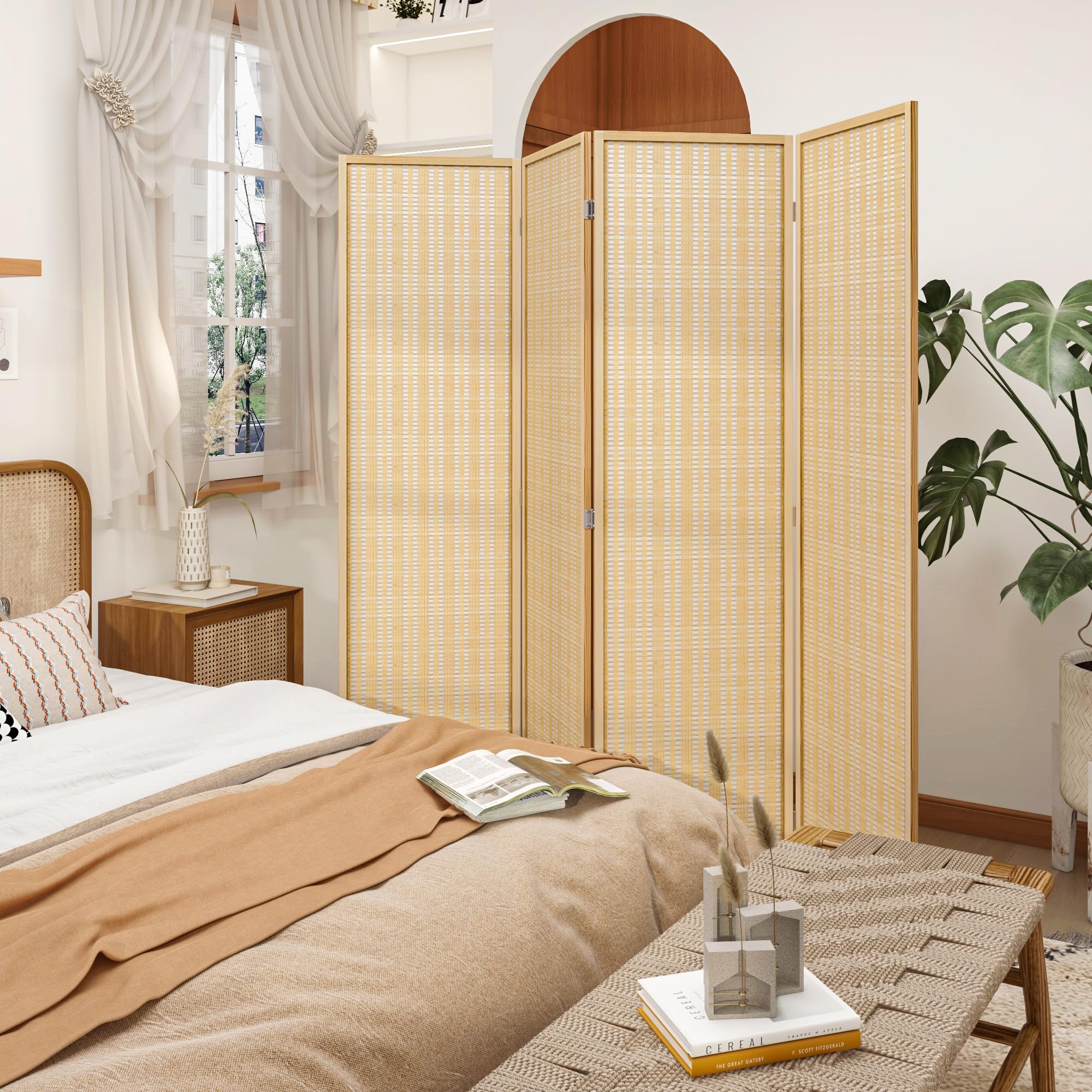 4 Panel Bamboo Room Divider - Folding Privacy Screen & Partition Wall for Living Room, Bedroom, Office - 66.9