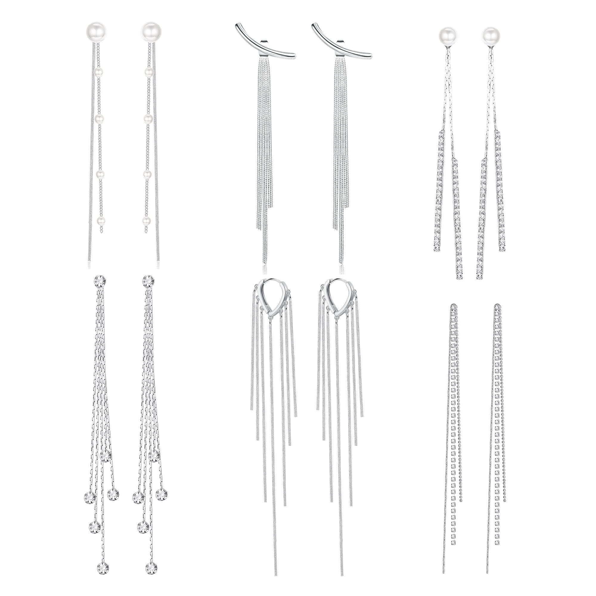 6 Pairs Long Tassel Dangle Earrings for Women | Pearl Drop Earrings | Shiny Silver Rhinestone Jewelry Set | Wedding, Party & Bridesmaid Accessories | Perfect for Date Night, Prom & Special Occasions