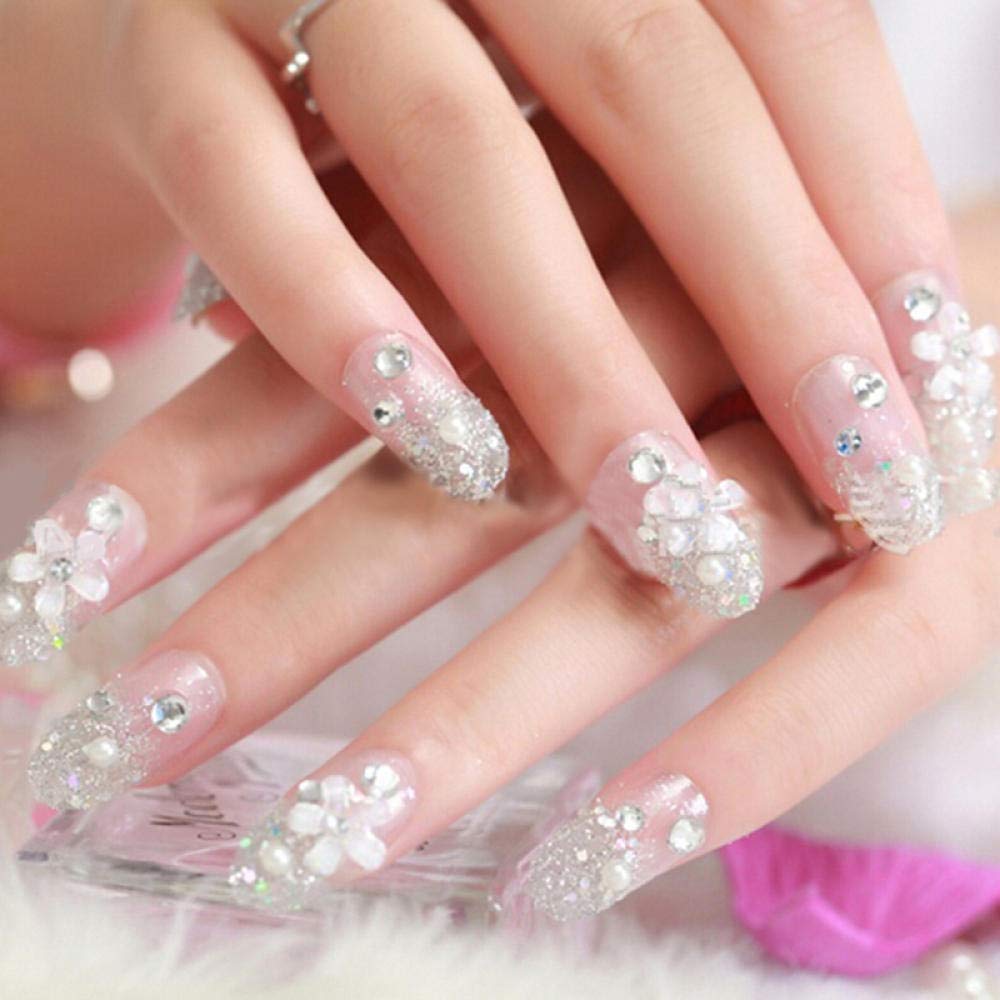 24pcs 3D Bridal Wedding False Nails with White Pearl Flower Design - Artificial Nail Tips for Nail Art & Beauty - Perfect for Weddings, Parties, and Special Occasions