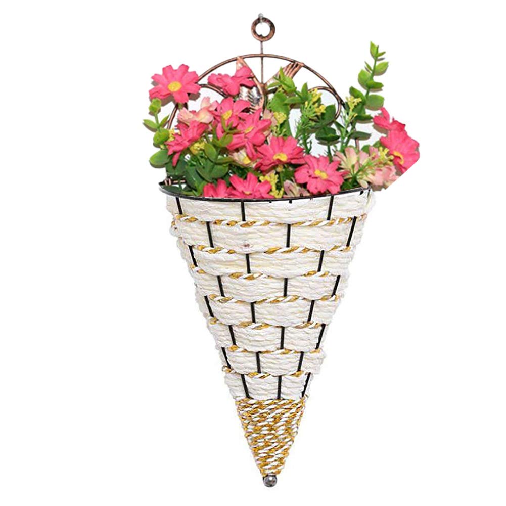 White Wicker Woven Wall-Mounted Flower Pot Holder - Hanging Plant Basket for Home & Garden Decor | Perfect for Indoor Herb Gardens, Balcony Greenery & Patio Decorations