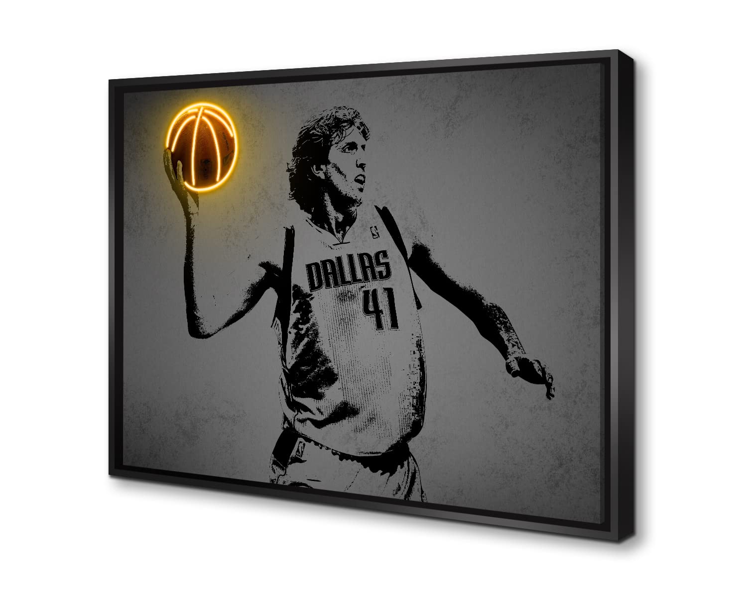 Dirk Nowitzki Basketball Wall Art - Neon Effect Canvas Print with Floating Wooden Frame (24x36 Inches) - Modern Sports Decor for Office, Bedroom, Game Room & Man Cave