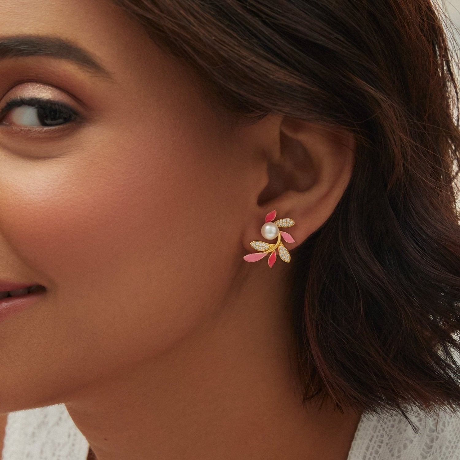 Eriha Pearl & CZ Pink Leaf Stud Earrings for Women – Elegant Floral Jewelry Gift for Wedding, Party & Everyday Wear