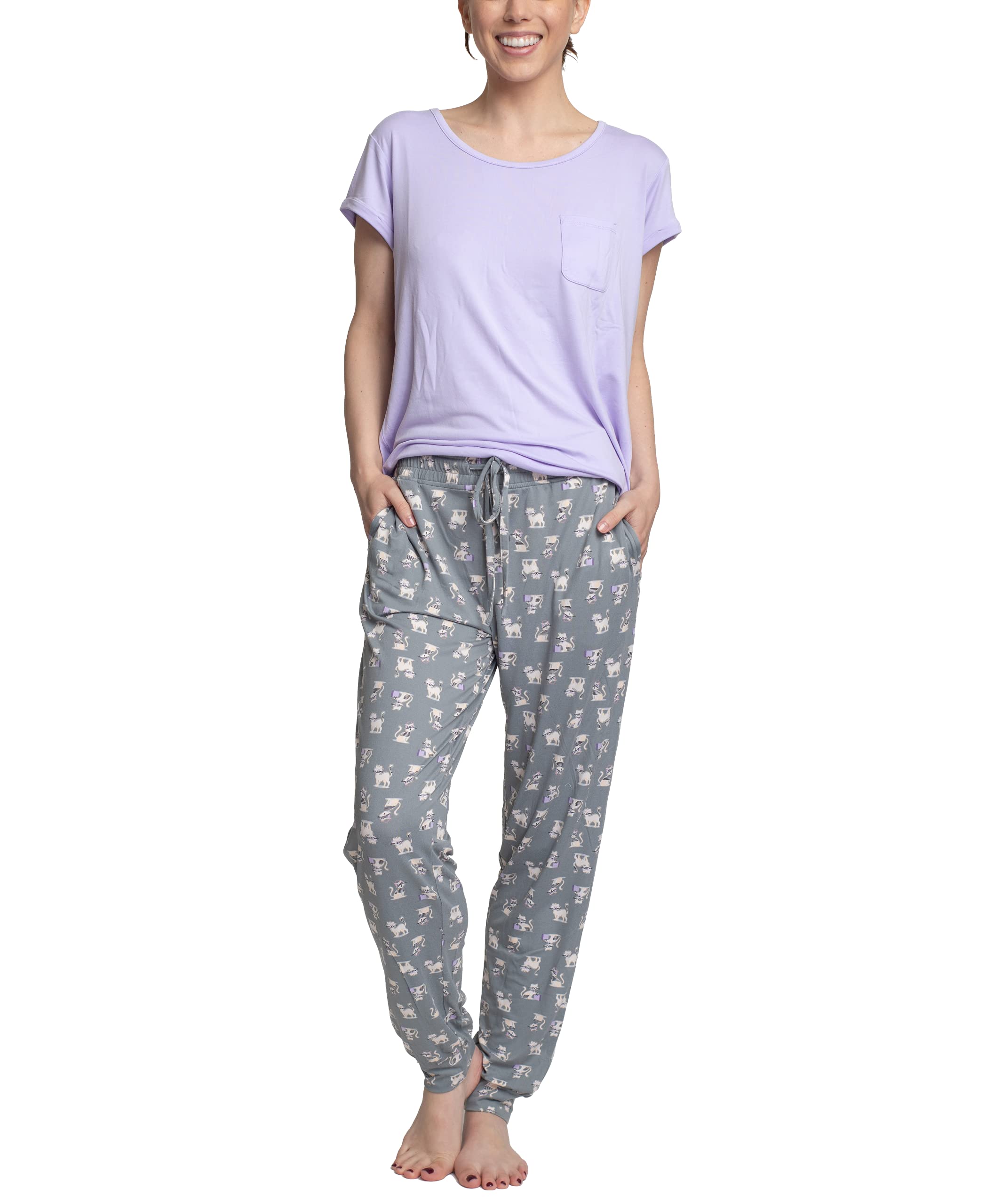 Hanes Women's Short Sleeve Pajama Set - Soft Sleepwear Top & Jogger Pants for Comfortable Nights - Black Loungewear for Relaxing at Home or Travel