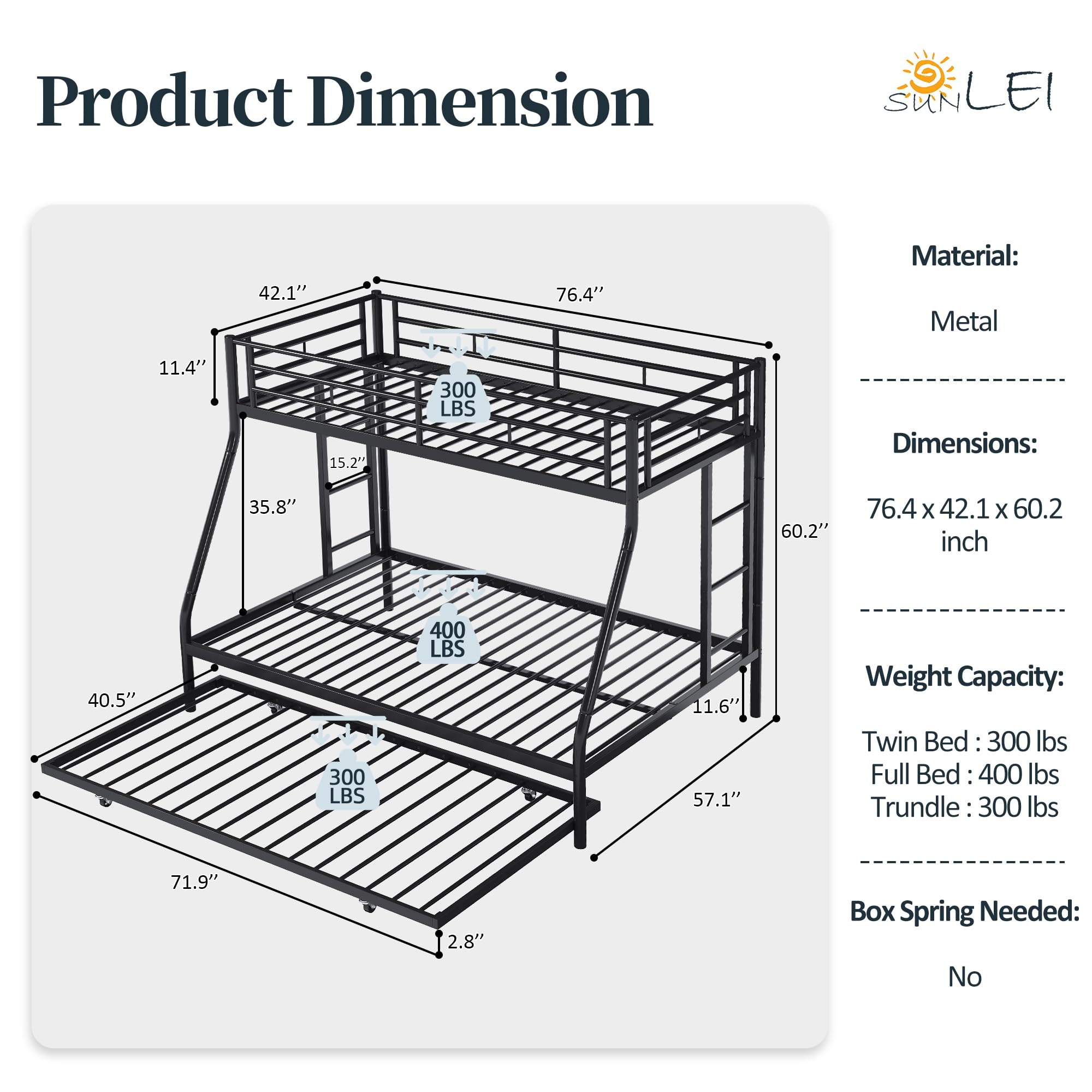 Metal Twin Over Full Bunk Bed with 2 Secure Ladders & Trundle - Space-Saving Loft Bed Frame with Safety Rail & Noise-Free Design for Small Bedrooms - Perfect for Kids Rooms, Guest Rooms & Dormitories - Black