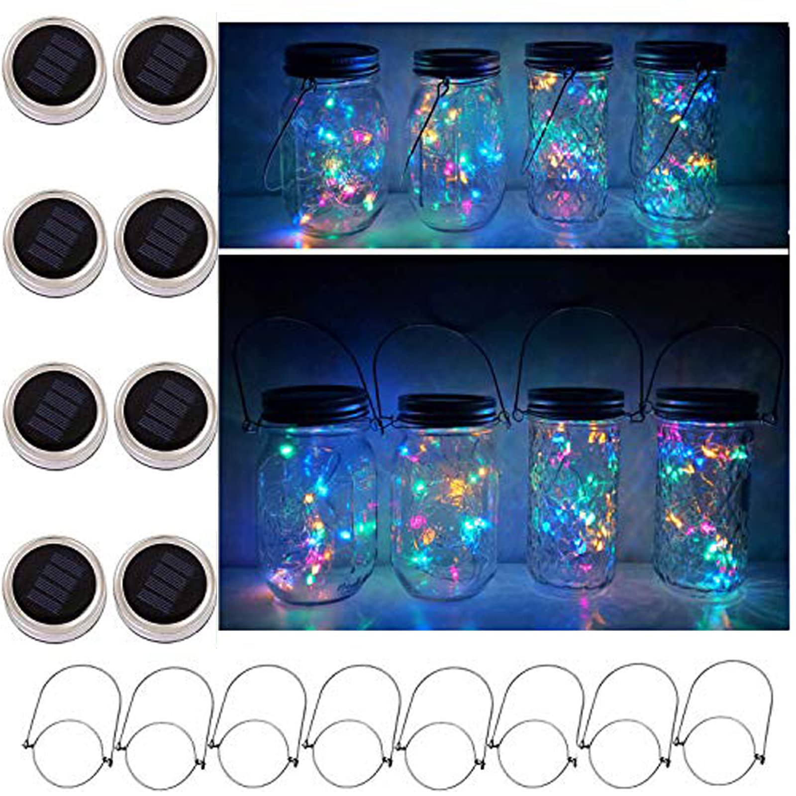Cynzia 30LED Solar Mason Jar Lights - 8 Pack Waterproof Fairy String Lights for Outdoor Garden, Patio, Yard & Lawn Decor (Multicolor) | Perfect for Weddings, Parties & Backyard Ambiance
