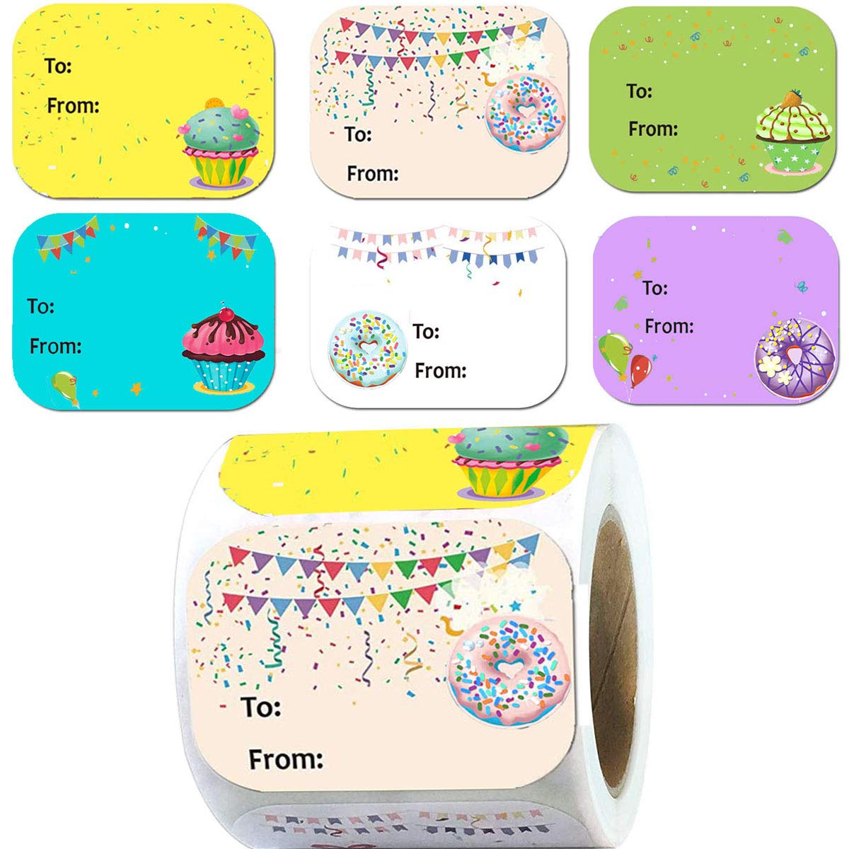 Happy Birthday Stickers - 1.5 x 2 Inch, 300 Pcs, 6 Unique Cute Designs for Party Favors, Name Tags, Cupcake Toppers & Gift Wrapping