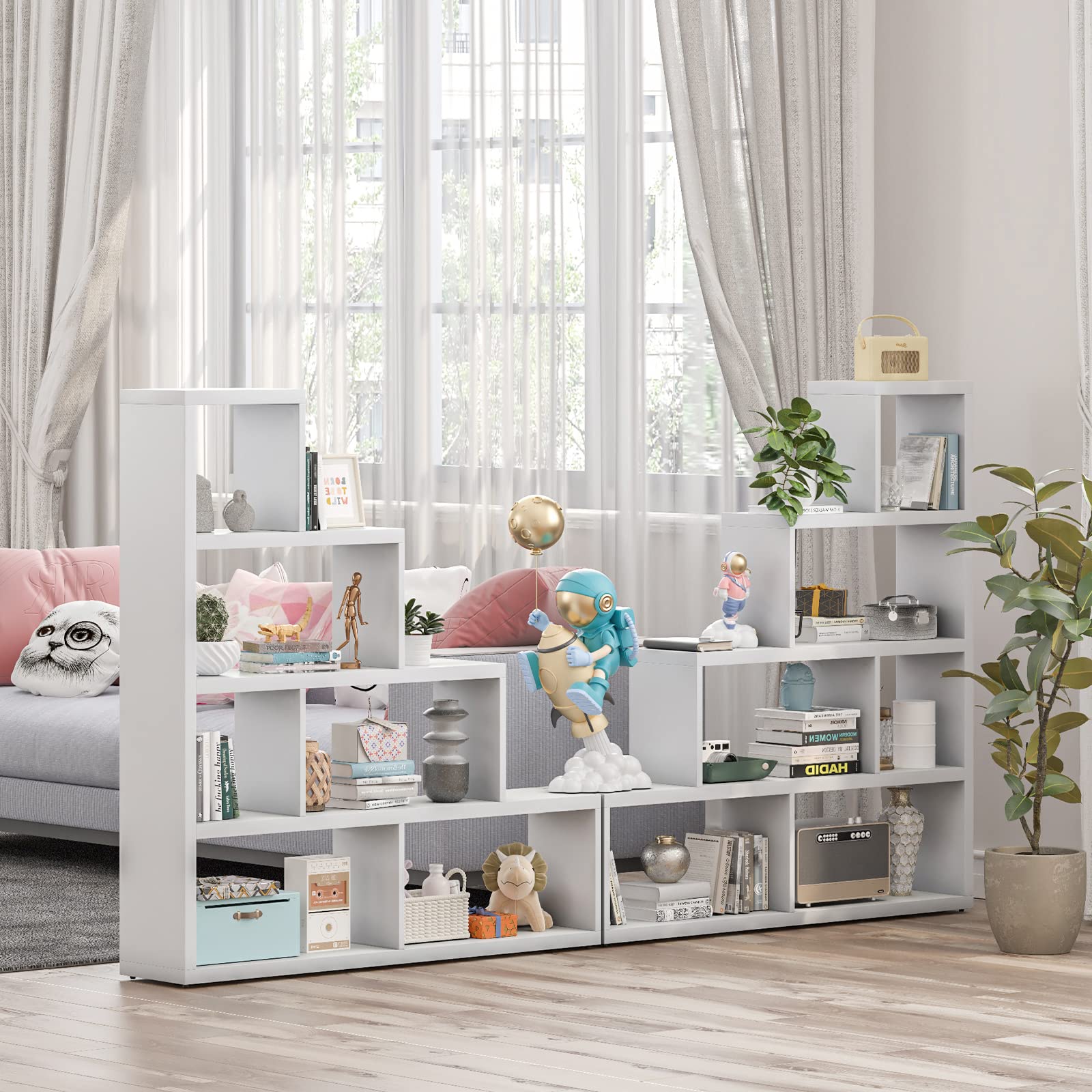 Tangkula 6-Cube Bookshelf - Freestanding L-Shaped Ladder Corner Bookcase, Wooden Storage Display Shelf for Living Room, Home Office, Bedroom - 61 x 11.5 x 64 Inches (White) - Perfect for Organizing Books, Decor & Small Items in Compact Spaces