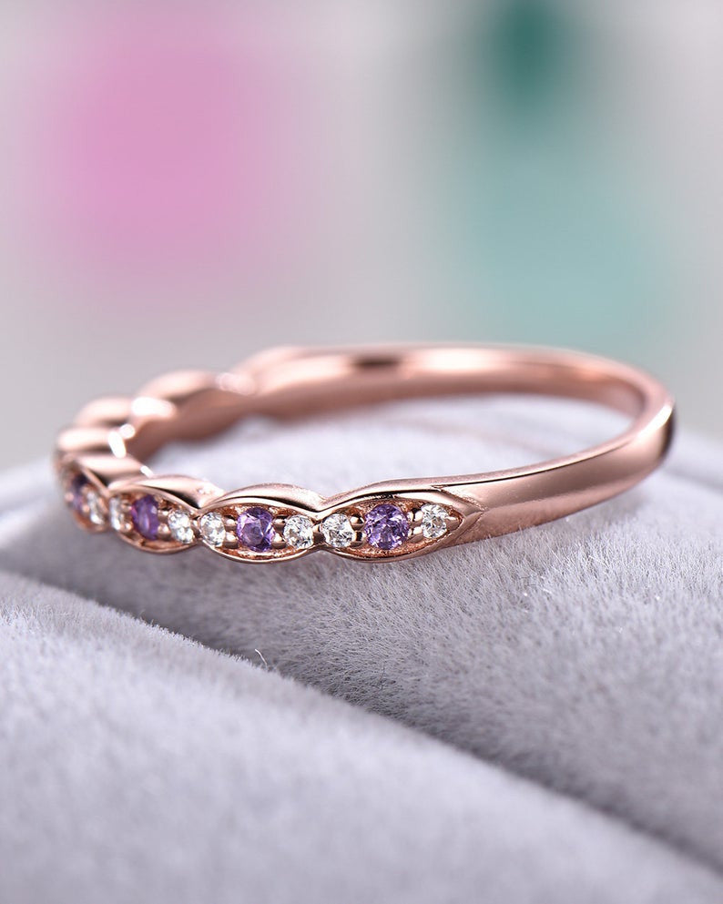 14K Rose Gold Amethyst Diamond Wedding Band - Vintage Marquise Half Eternity Engagement Ring for Women, Stackable Birthstone Jewelry for Bridal, Anniversary & Special Occasions