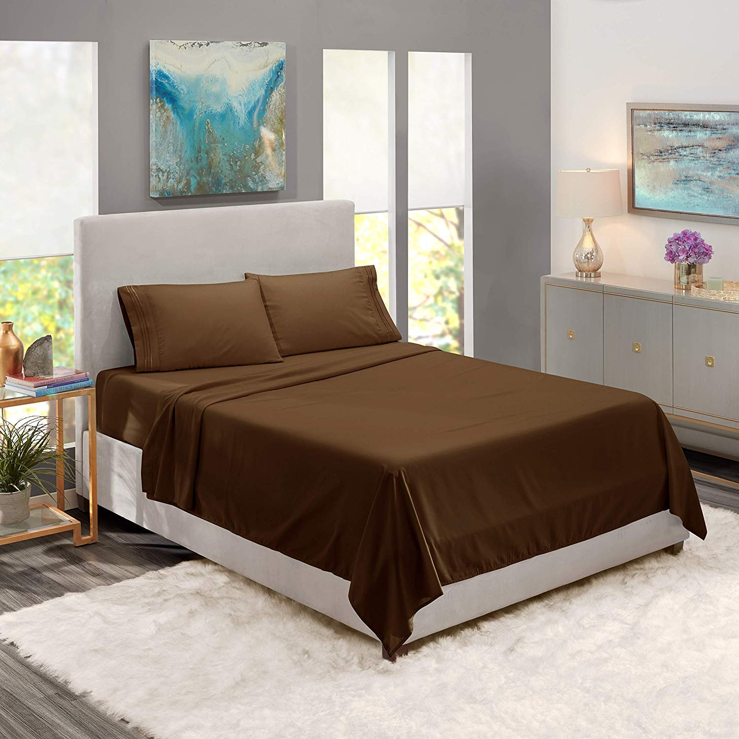 Premium 600 Thread Count 100% Cotton Sheet Set - Soft, Wrinkle-Resistant 4-Piece Bedding Set (Chocolate Brown/Full) for Comfortable Sleep & Luxury Bedroom Decor