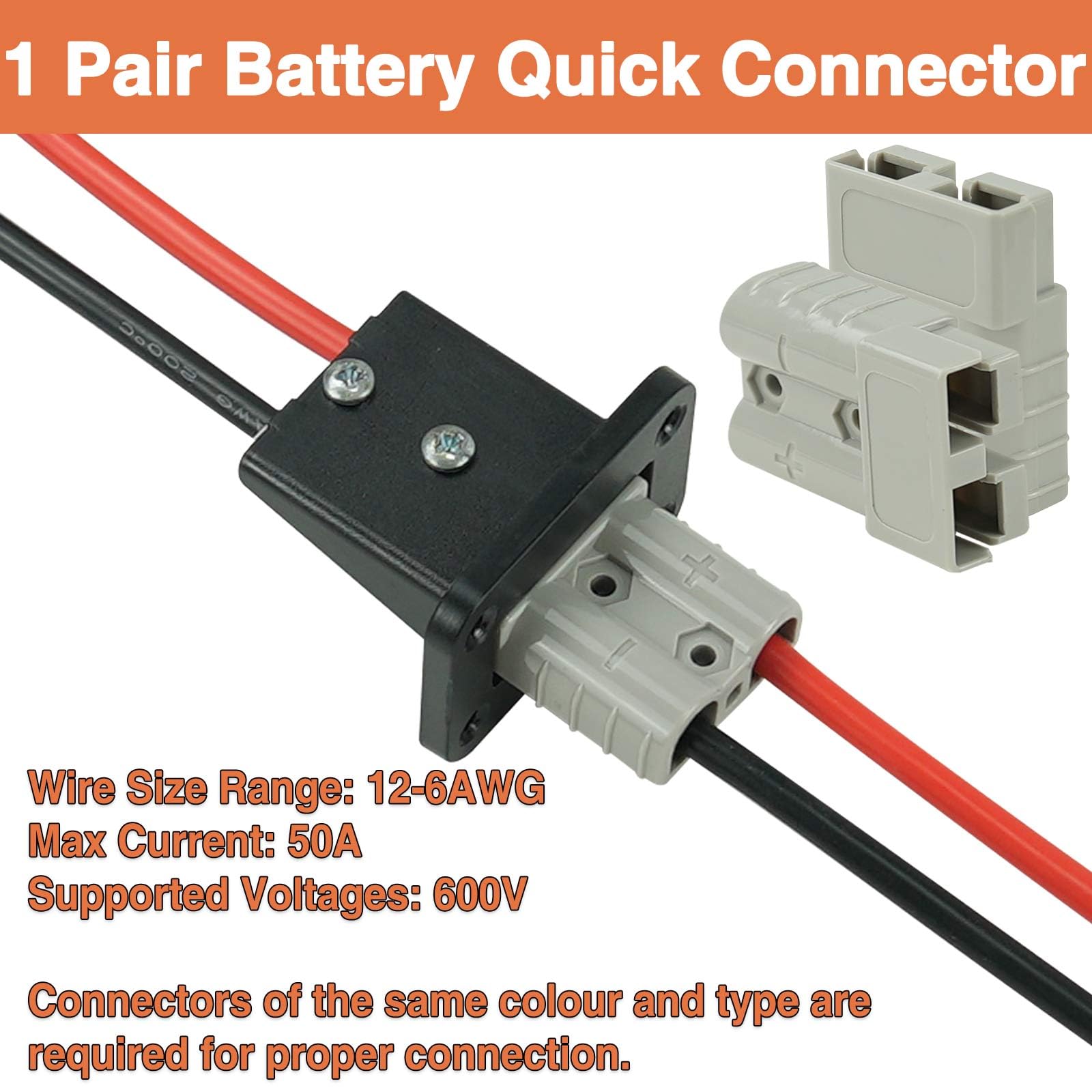 50Amp Battery Quick Connect Disconnect Kit - 1 Pair with Mounting Bracket & Dust Cover for 6-12 Gauge Cables (12-36V) - Perfect for Car, Bike, ATV, Winches, Lifts & Motors - Durable Gray Connectors for Easy Power Switching