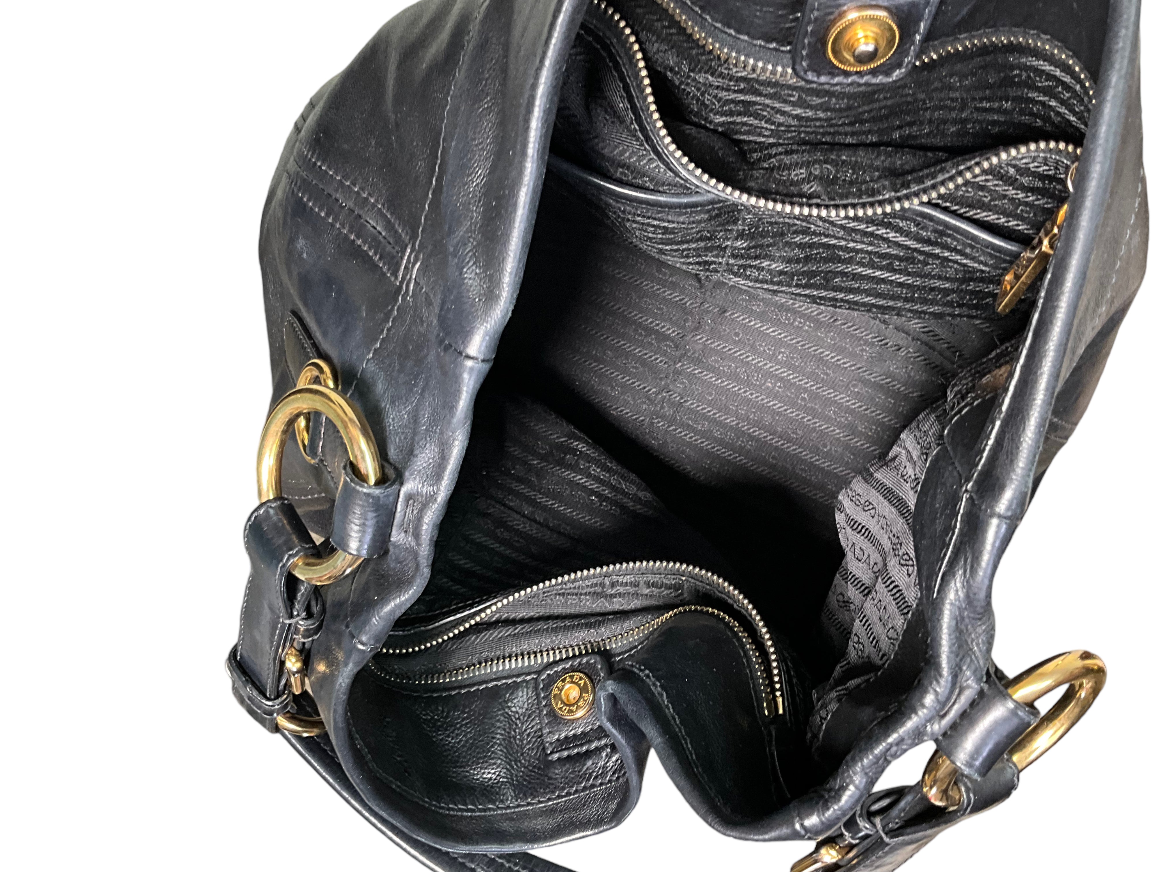 Prada Black Glace Calf Leather Hobo Handbag for Women - Luxury Shoulder Bag for Work, Travel & Everyday Use