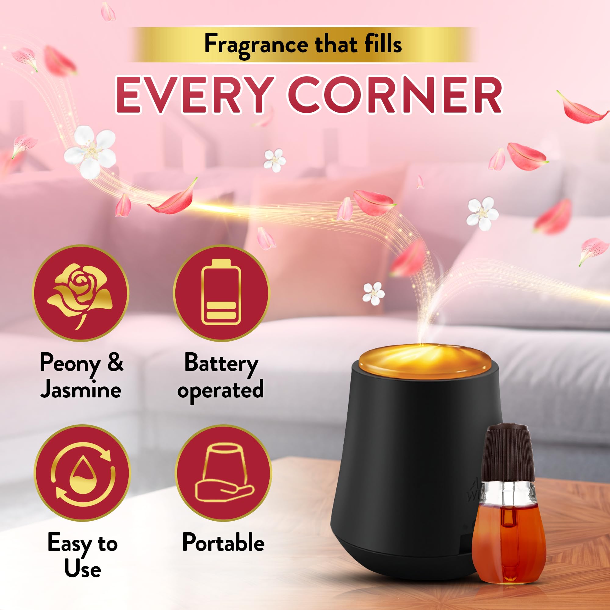 Airwick Essential Mist Automatic Fragrance Diffuser Refill, Peony & Jasmine Scent - 20ml | Natural Essential Oil Air Freshener Refill for Home & Office | Long-Lasting Aroma for Living Room, Bedroom, Bathroom & Car