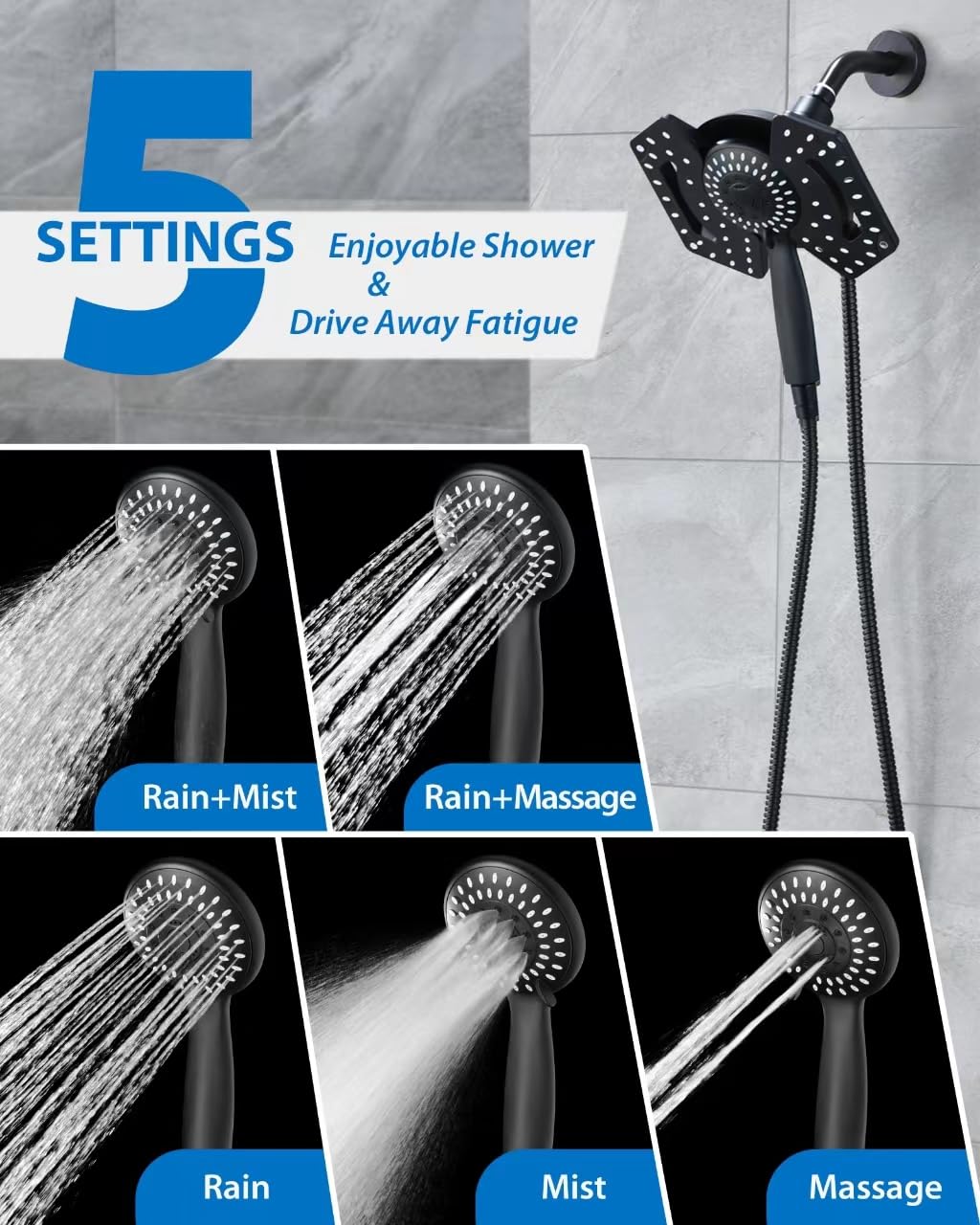 2-in-1 High Pressure Black Shower Head with Handheld - Rainfall & Detachable Dual Shower Heads with 2.5GPM Hose - Perfect for Bathroom Renovation & Spa-Like Shower Experience