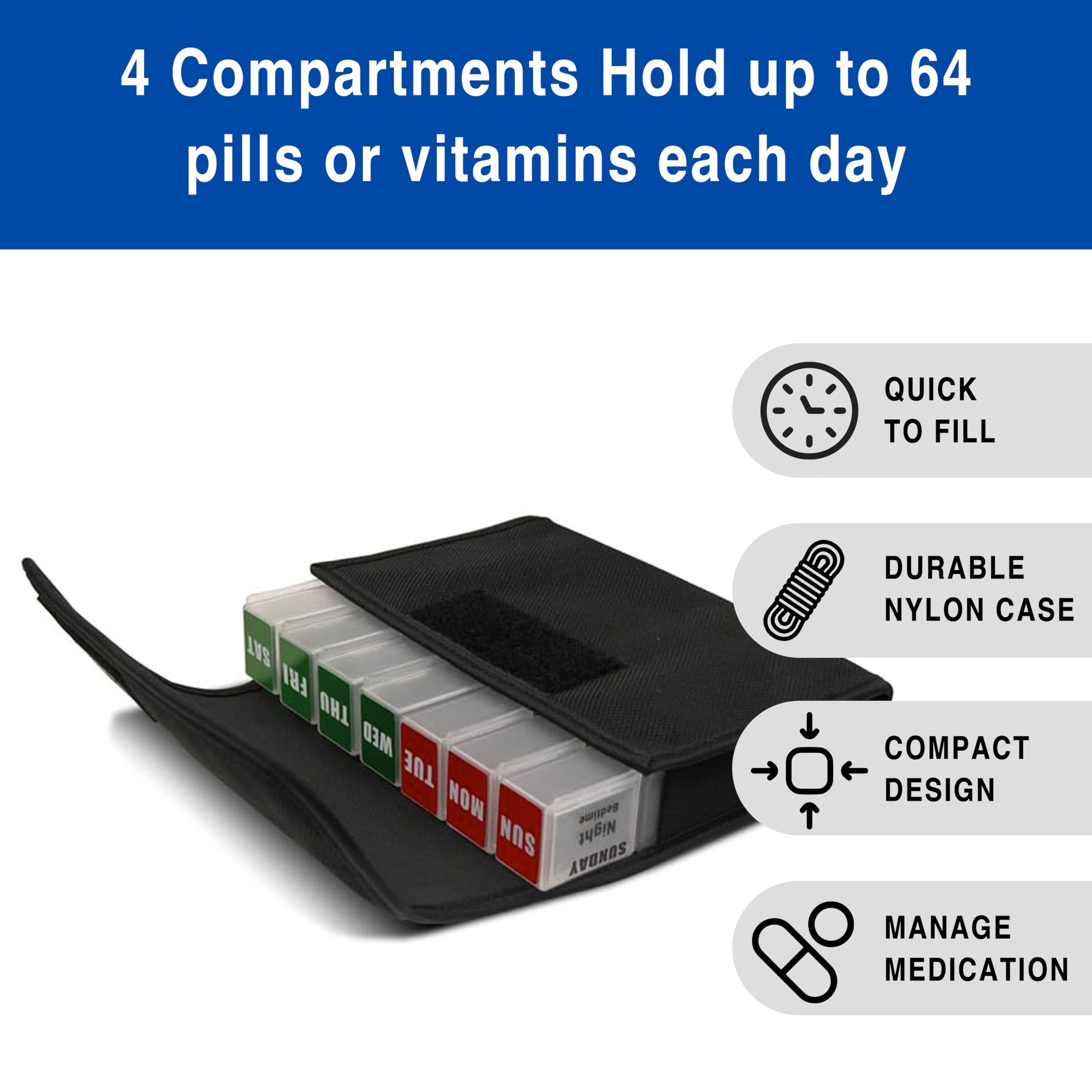 FSA HSA Eligible 7-Day Pill Organizer - Portable Travel Medication Case with 4 Daily Compartments, Large Capacity Nylon Pill Container for Vitamins & Supplements | Perfect for Business Trips, Vacations & Daily Medication Management