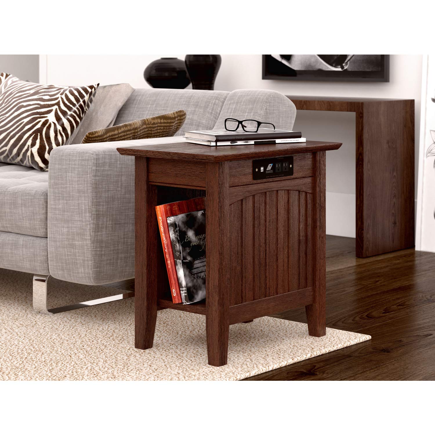 AFI Nantucket Chair Side Table with Built-in USB Charger - Rustic Burnt Amber End Table for Patio, Living Room & Bedroom - Outdoor & Indoor Accent Table with Charging Station