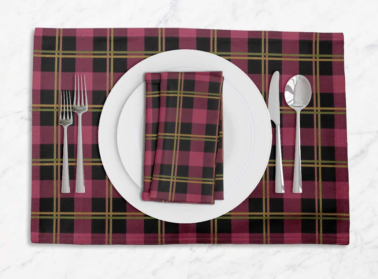S4Sassy Pink Gingham Check Washable Placemats Set with Matching Napkins - Waterproof Dining Table Decor for Everyday Use, Kitchen, Picnic & Party Settings
