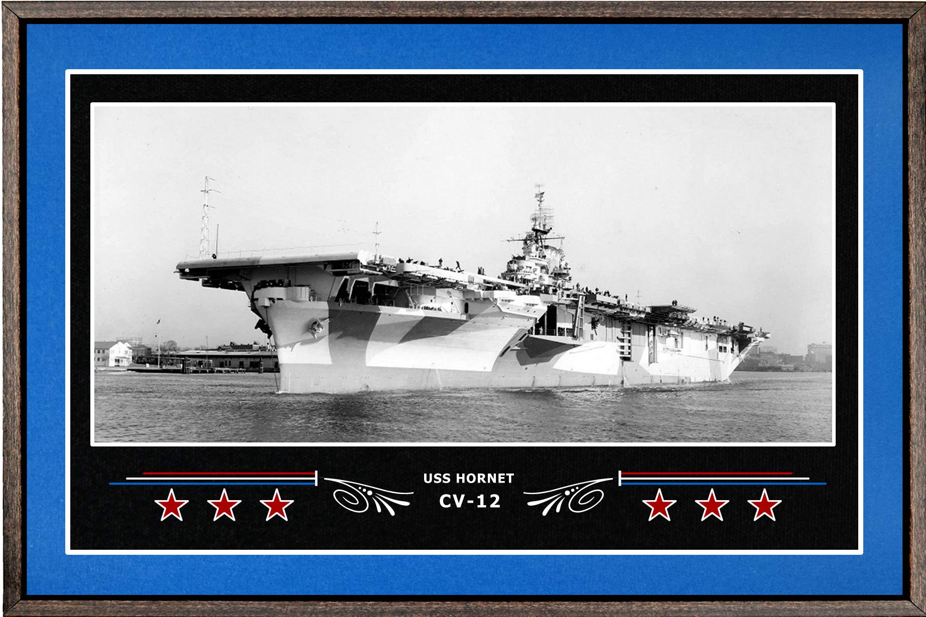 USS Hornet CV-12 Navy Blue Box Framed Canvas Wall Art - Vintage Military Ship Painting for Home Office Decor, Man Cave, Nautical Theme Room